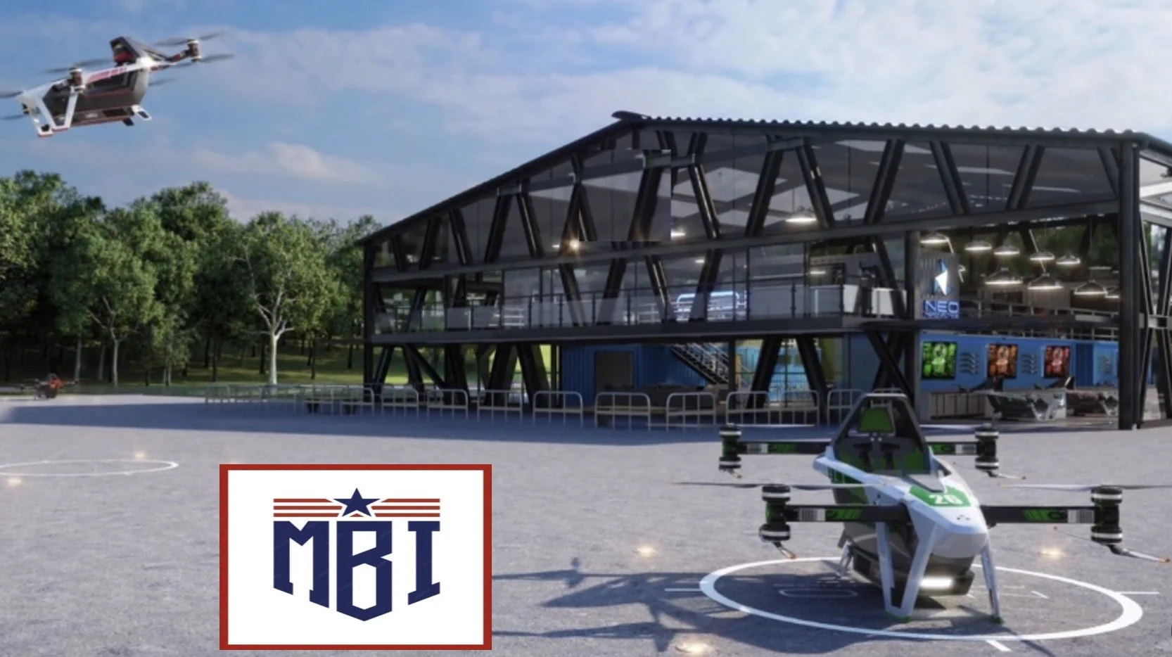 Futuristic drone landing pad with two drones, one flying and one on the ground, in front of a modern glass building with the neon logo MBI realty In the background, there are trees and a blue sky with clouds.