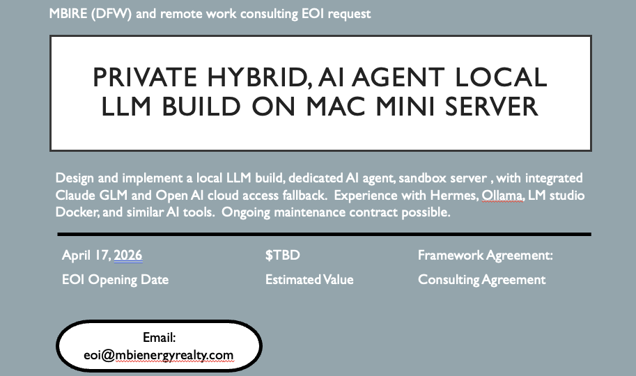 A project proposal for a private hybrid AI agent local LLM build on Mac mini server, including details on design, implementation, and ongoing maintenance.