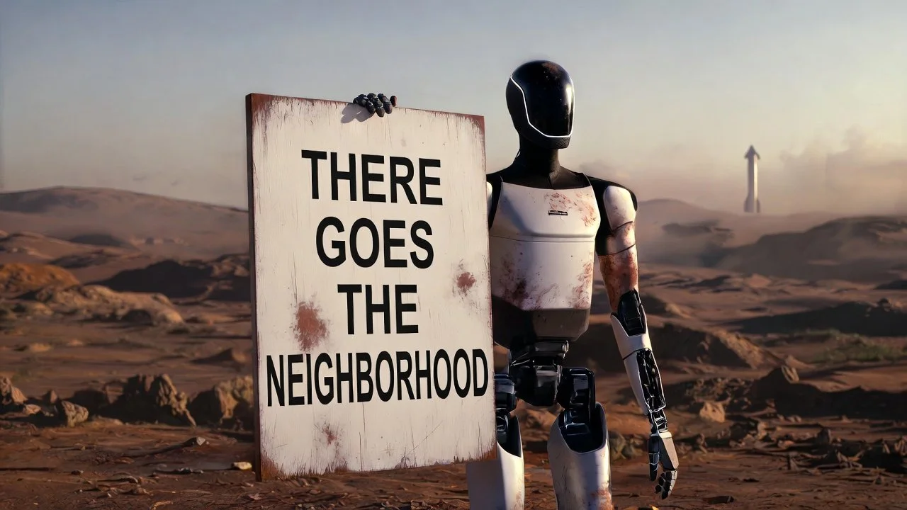 Futuristic drone landing pad with two drones, one flying and one on the ground, in front of a modern glass building with the neon logo MBI realty In the background, there are trees and a blue sky with clouds.