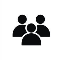 Icon of three black human figures on a white background.