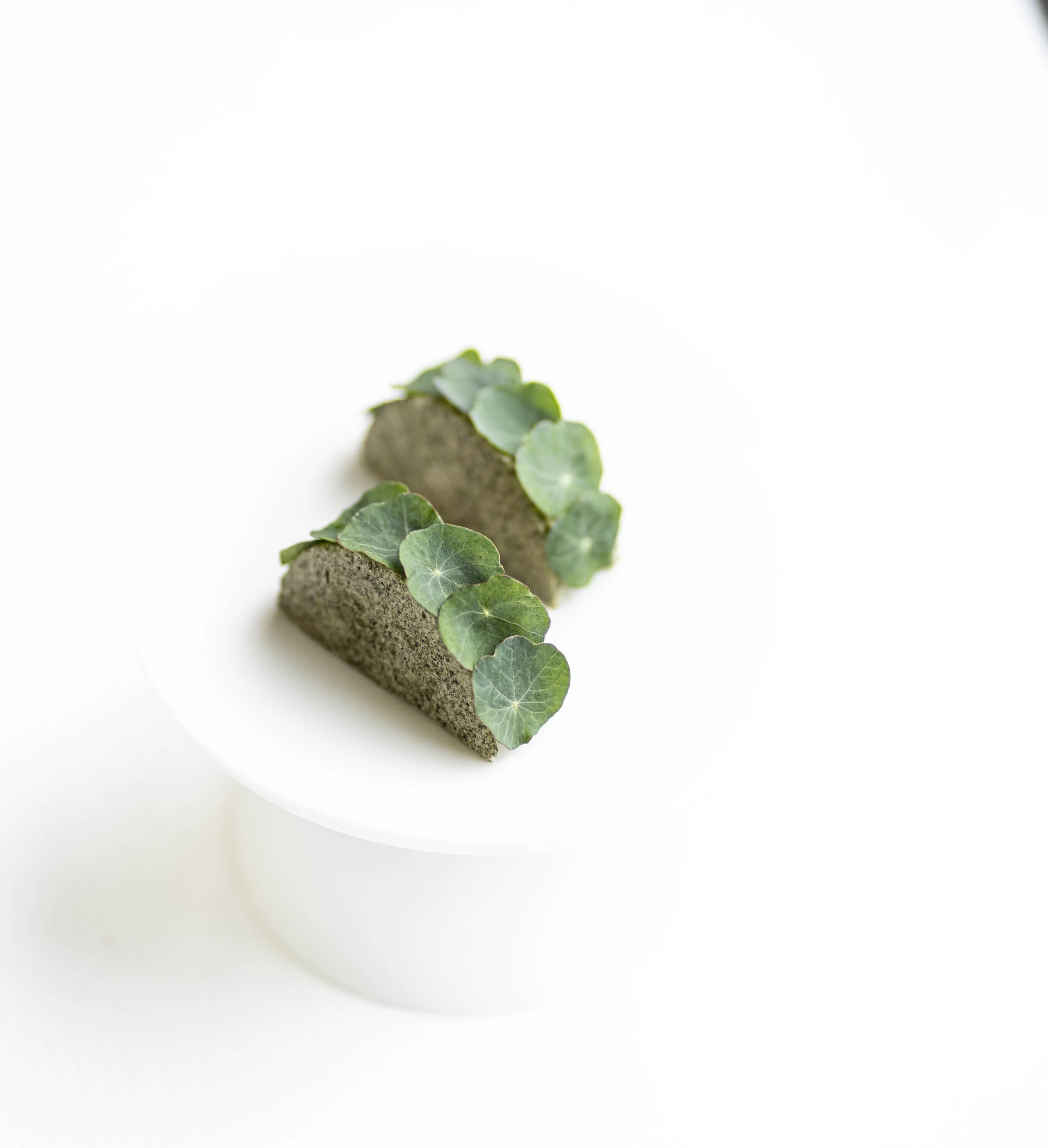 Two small pastries with green leaves on a white plate.