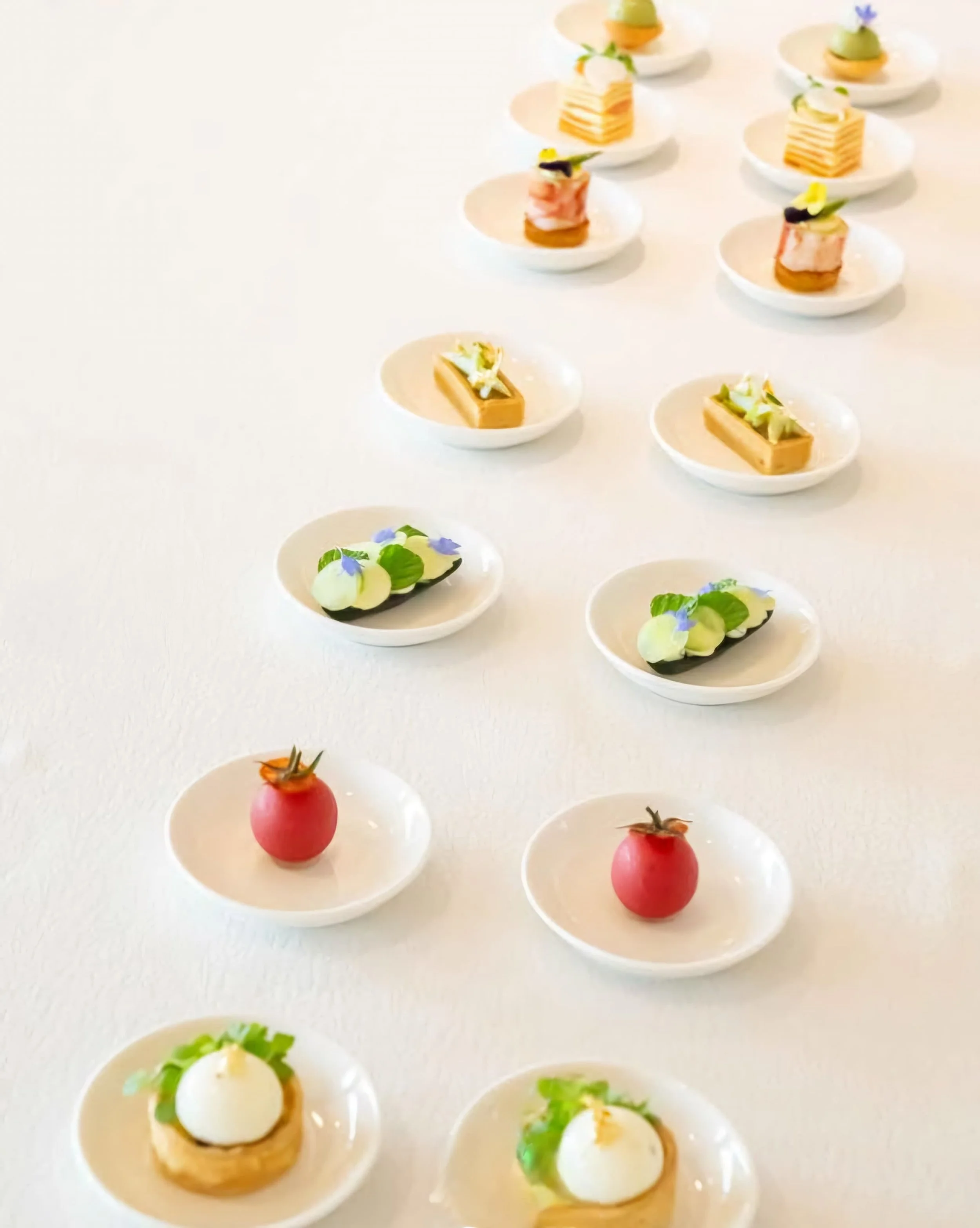 Assorted gourmet appetizers on small white plates displayed on a white surface.