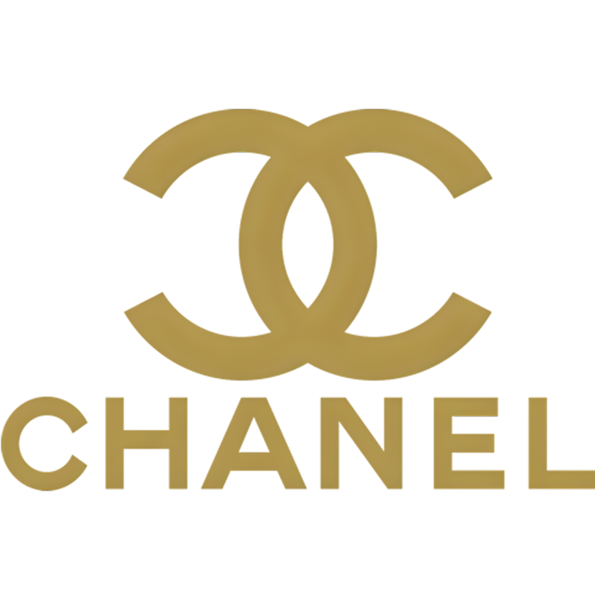 Chanel logo with interlocking C's and text in gold on a black background.