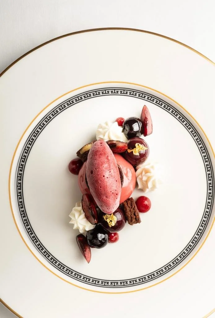 Gourmet dessert with berry sorbet, chocolate pieces, cherries, cream, and gold leaf on an ornate plate.