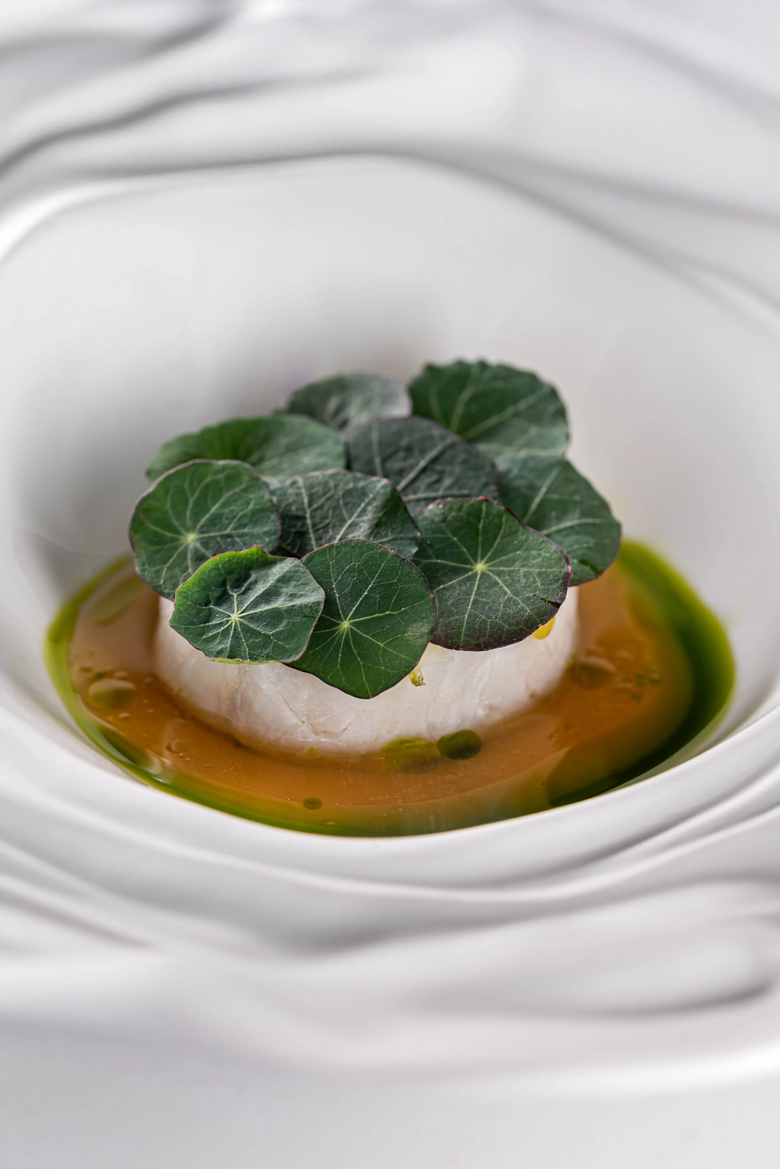 A gourmet dish featuring a round piece of white fish topped with small green leaves and served in a vibrant green sauce in a white bowl.