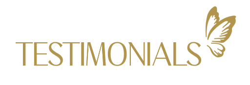 "Testimonials" text with a gold butterfly design.