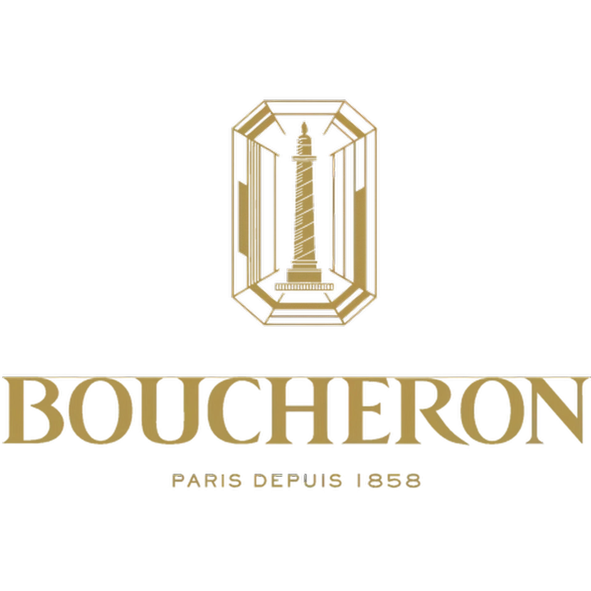 Gold Boucheron logo with column design and text 'Paris Depuis 1858' on black background.