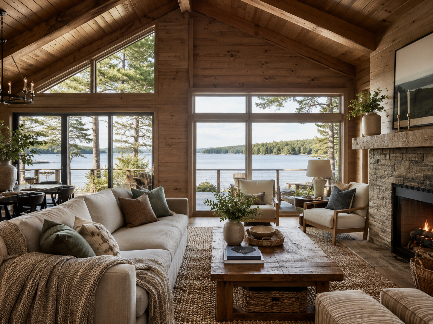 Muskoka cottage living room with lake views, natural wood, and durable, layered furnishings