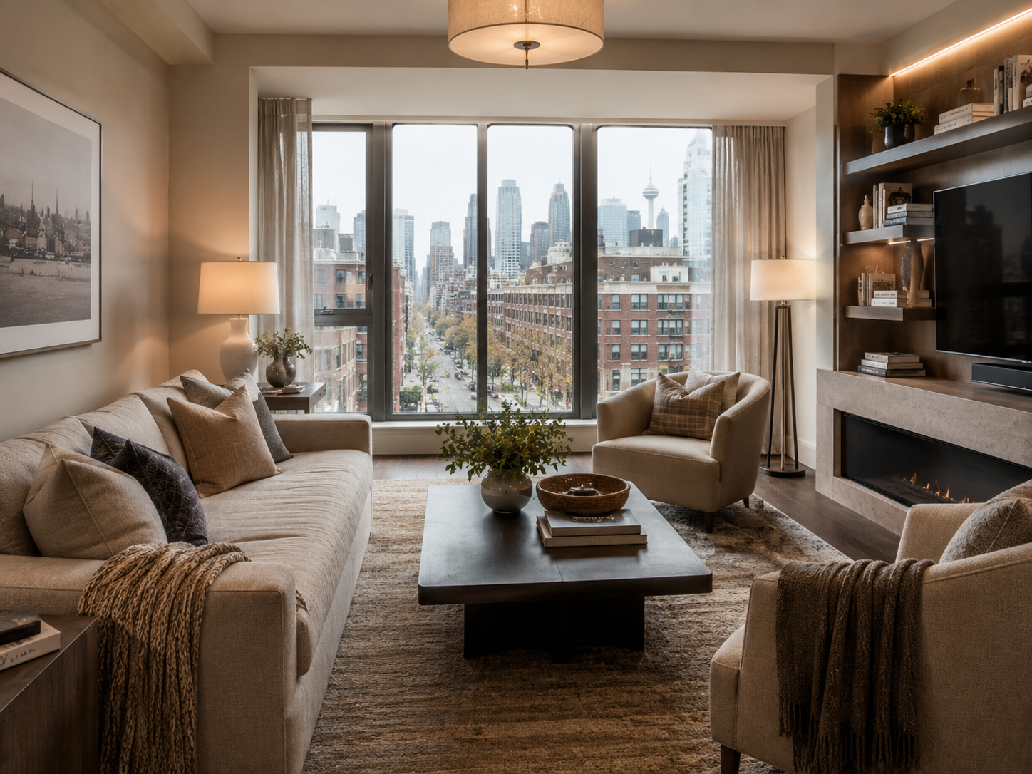 Refined city home interior with a calm, curated palette and layered lighting