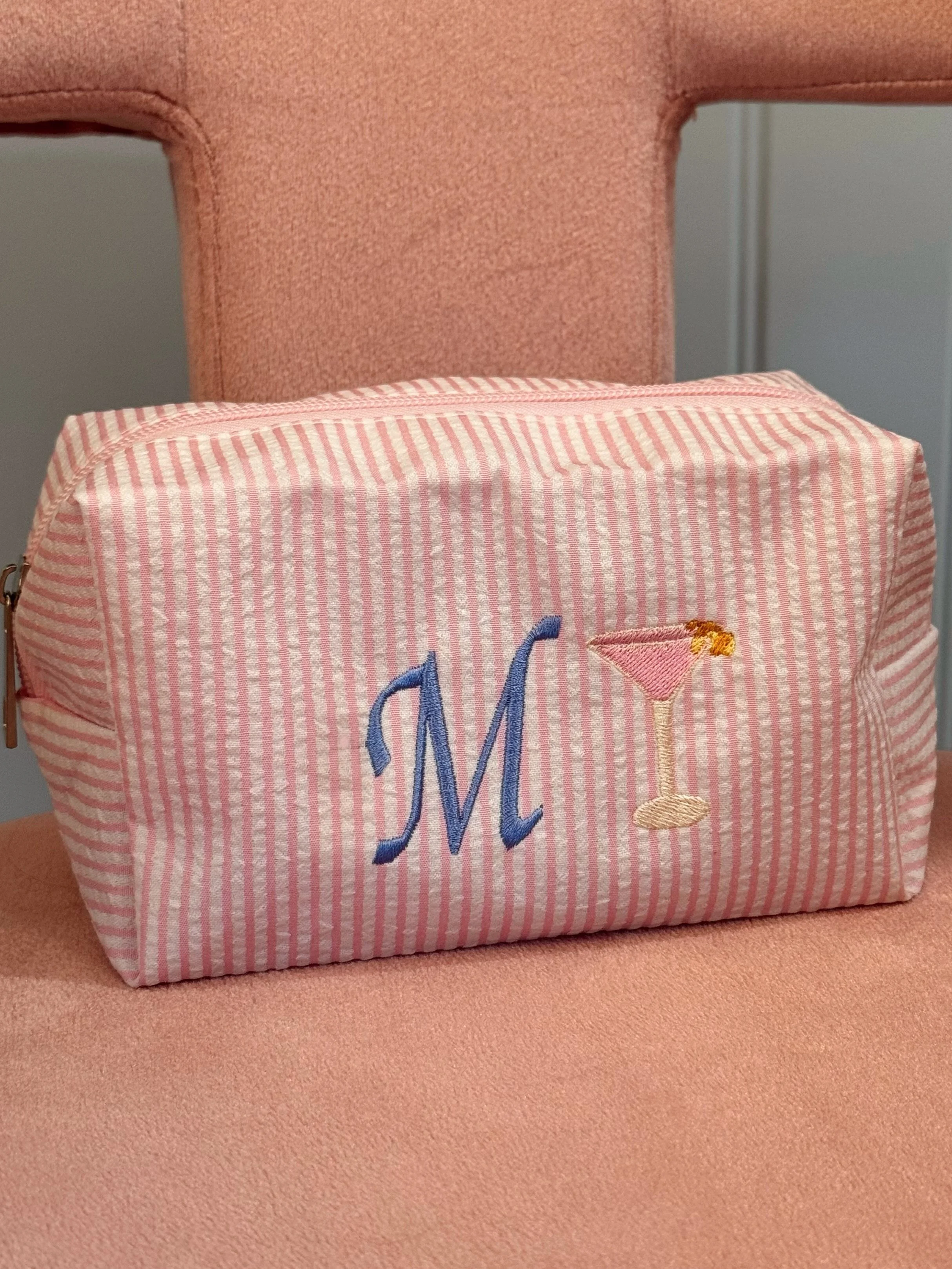 Striped Embroidered Makeup Pouch