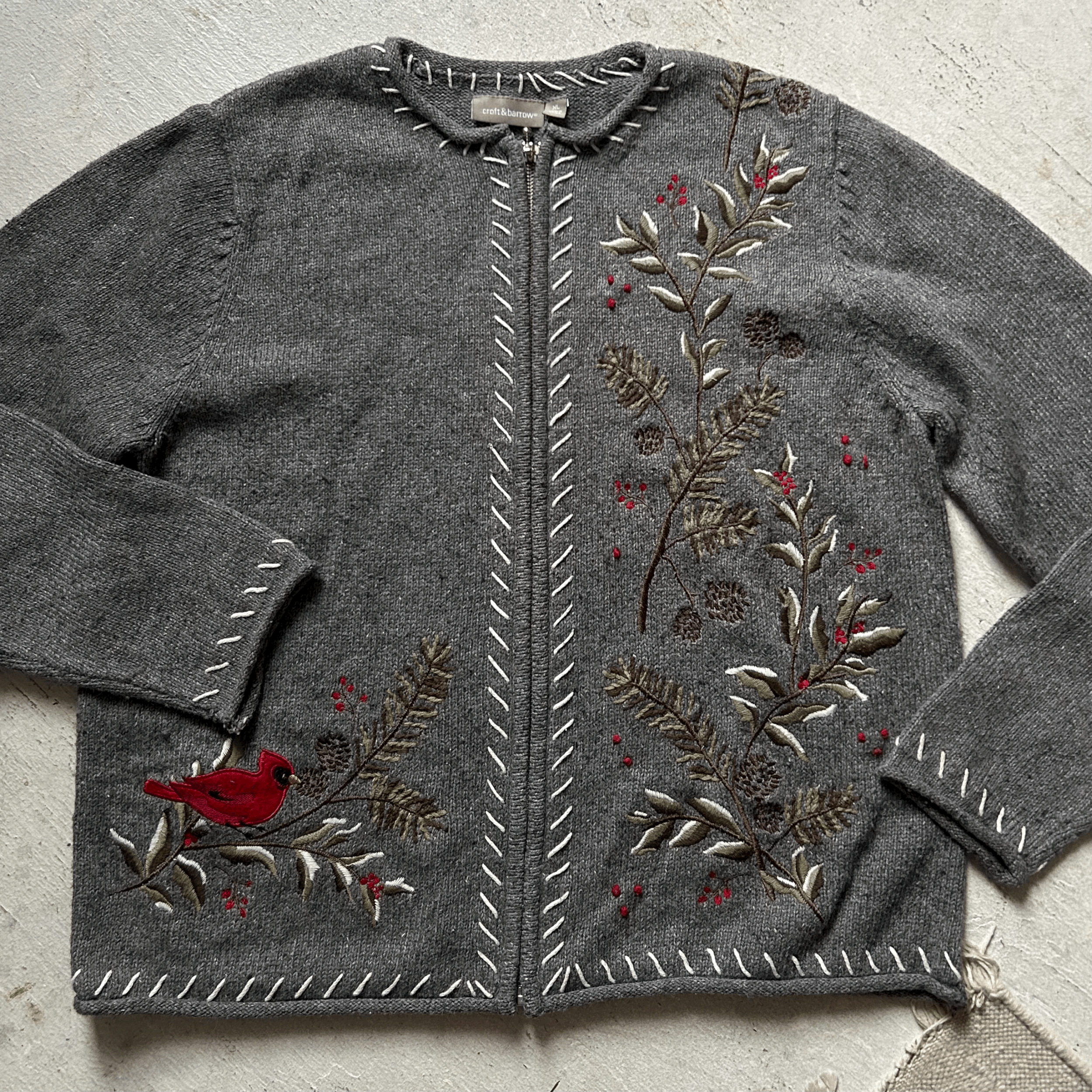 Winter Granny Embroidered Zipup Sweater - Large