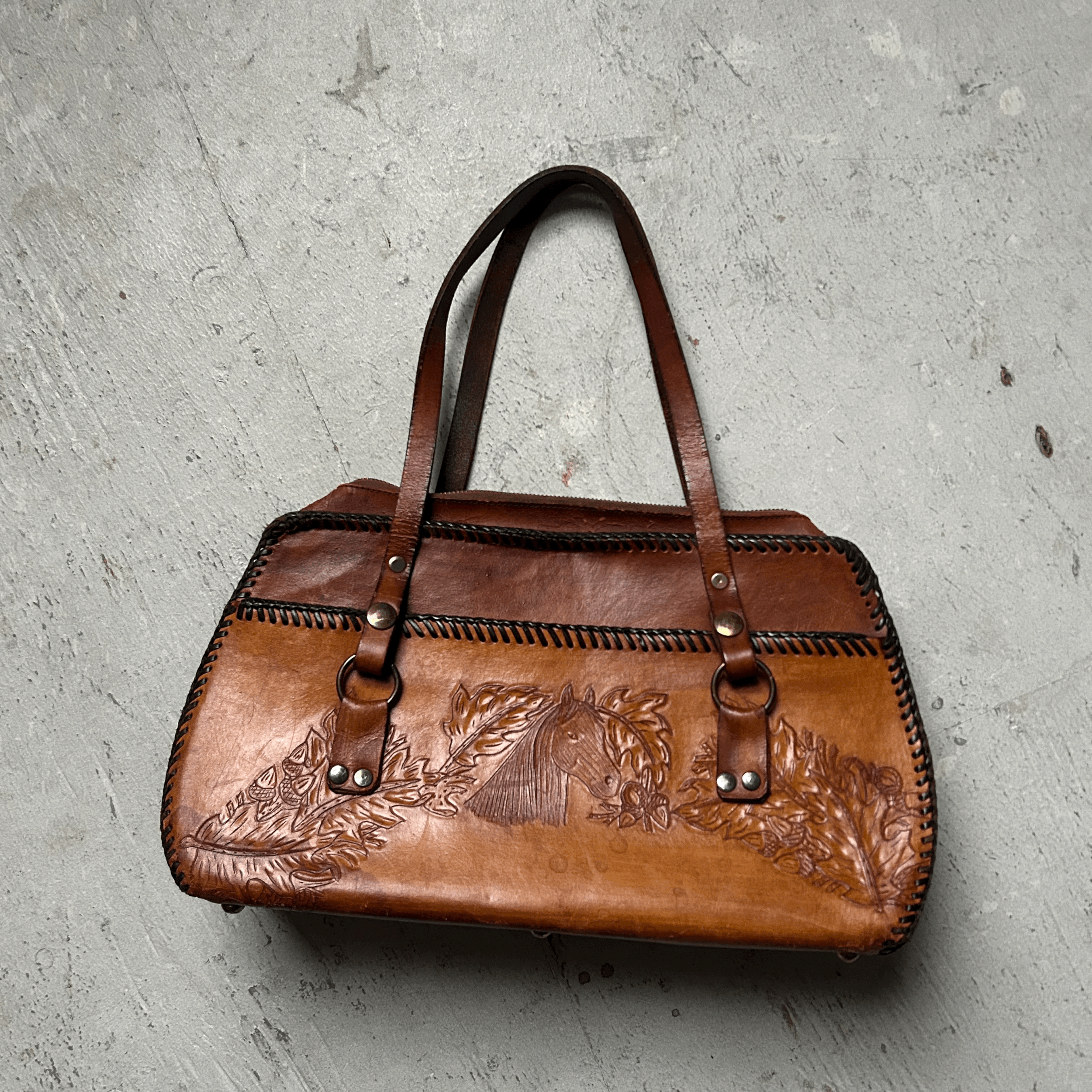 1950s Cowgirl Granny Tooled Leather Horse Purse