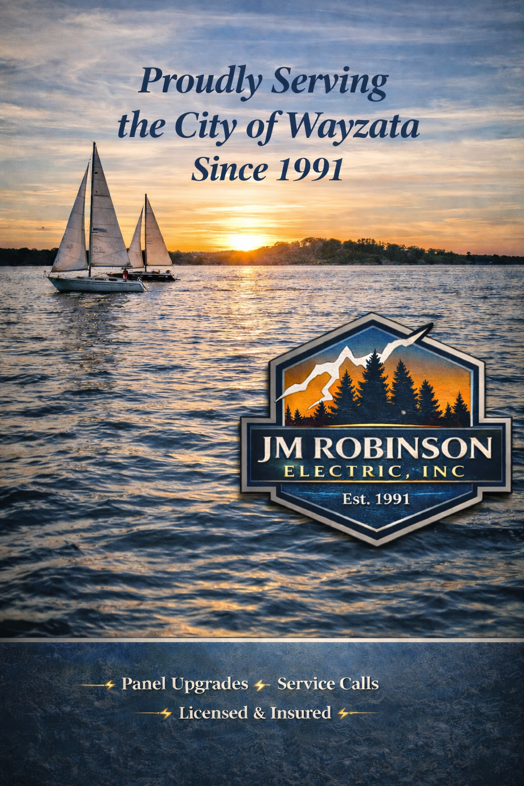 Electrician serving Wayzata MN with sailboats on Lake Minnetonka sunset background JM Robinson Electric