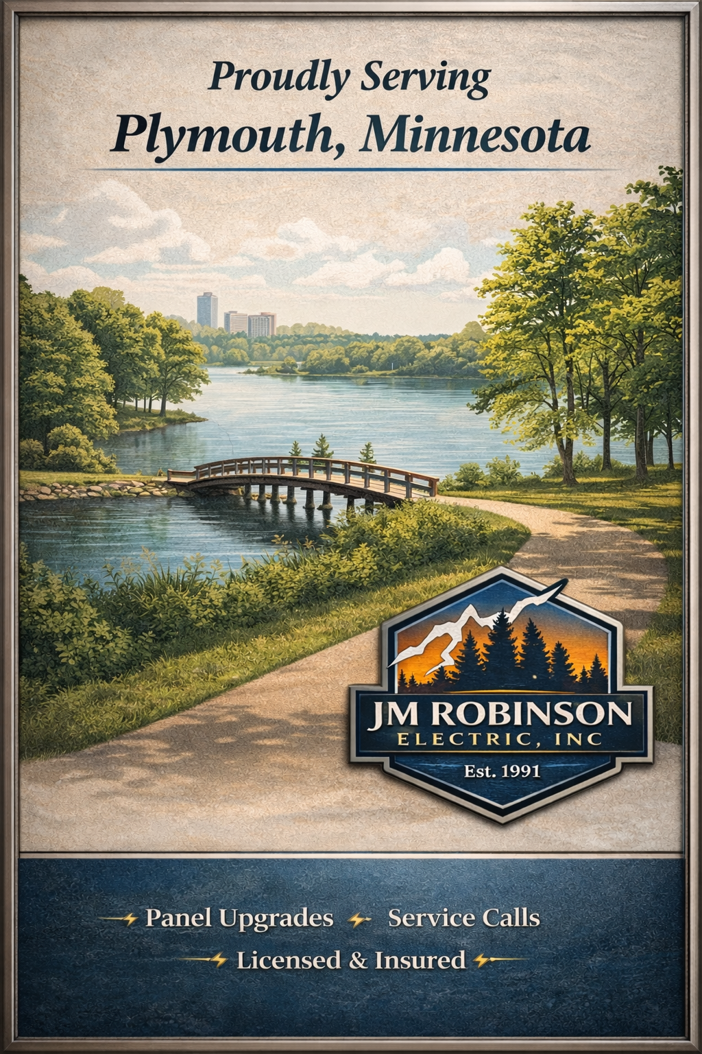 JM Robinson Electric yard sign Plymouth MN licensed electrician western Twin Cities suburbs since 1991