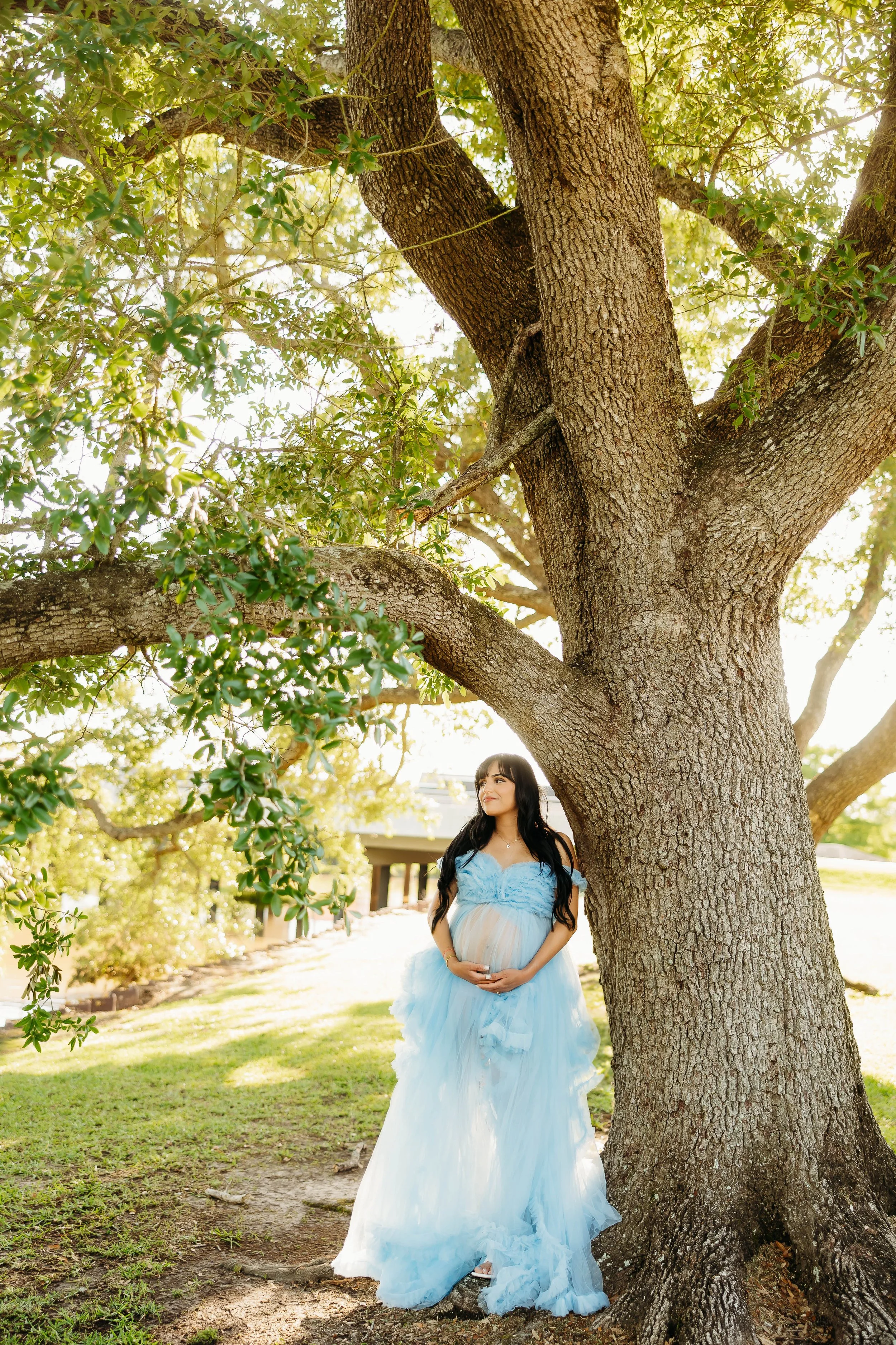 A pregnant woman in a flowing blue dress standing under a large tree with sunlight filtering through the leaves.