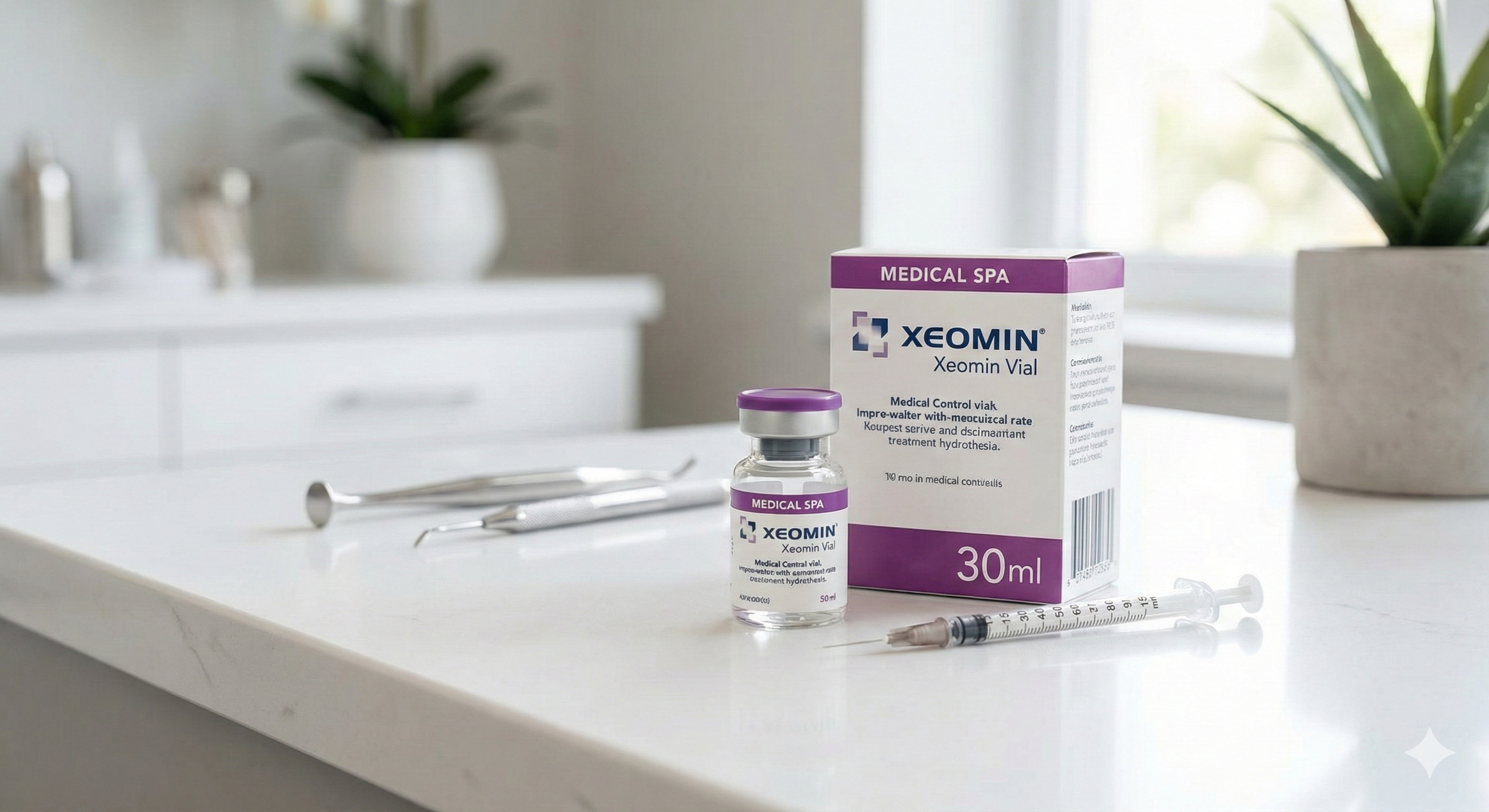 Xeomin neuromodulator product packaging and vial in a medical spa environment