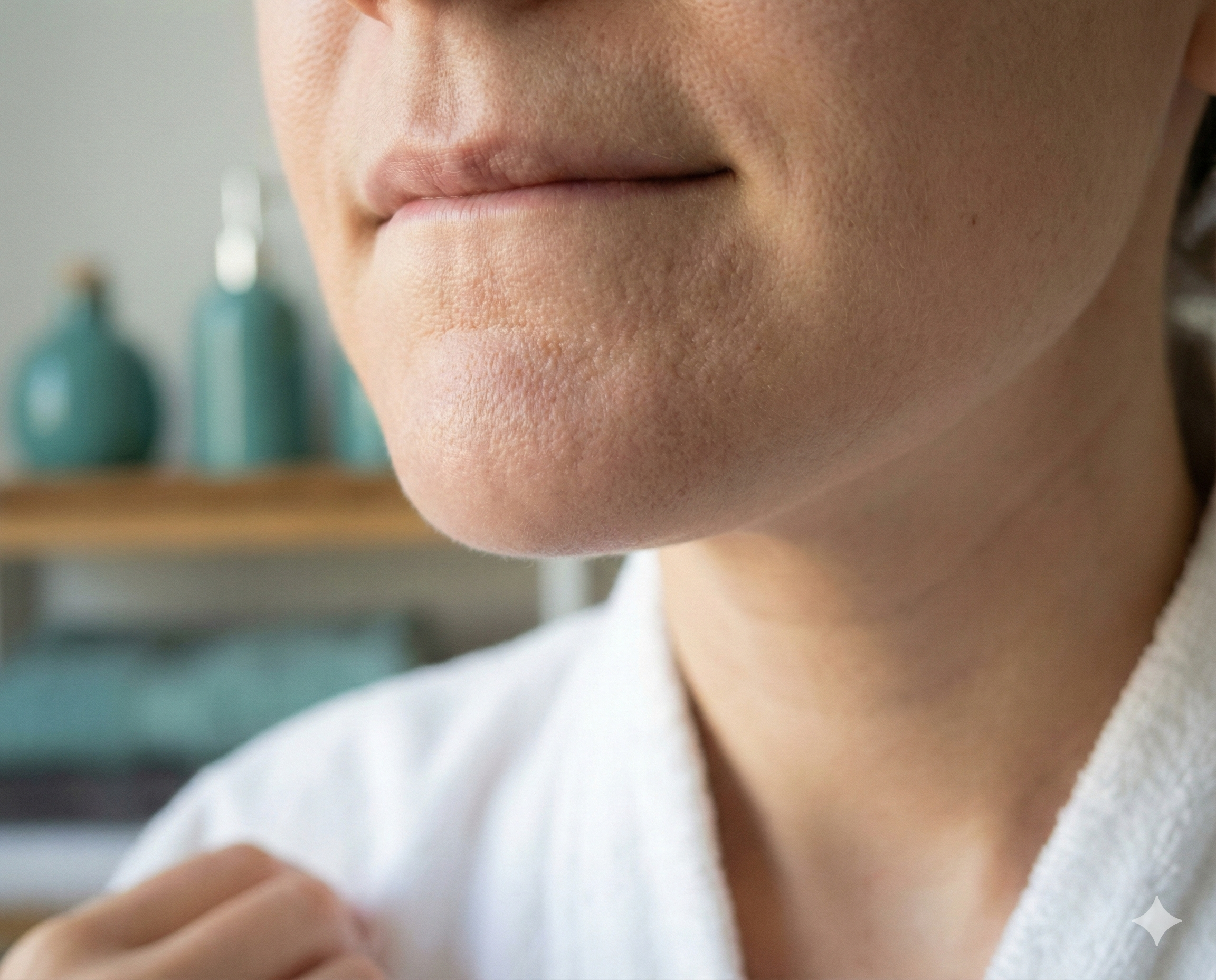 Close-up of woman's chin showing dimpled orange peel texture