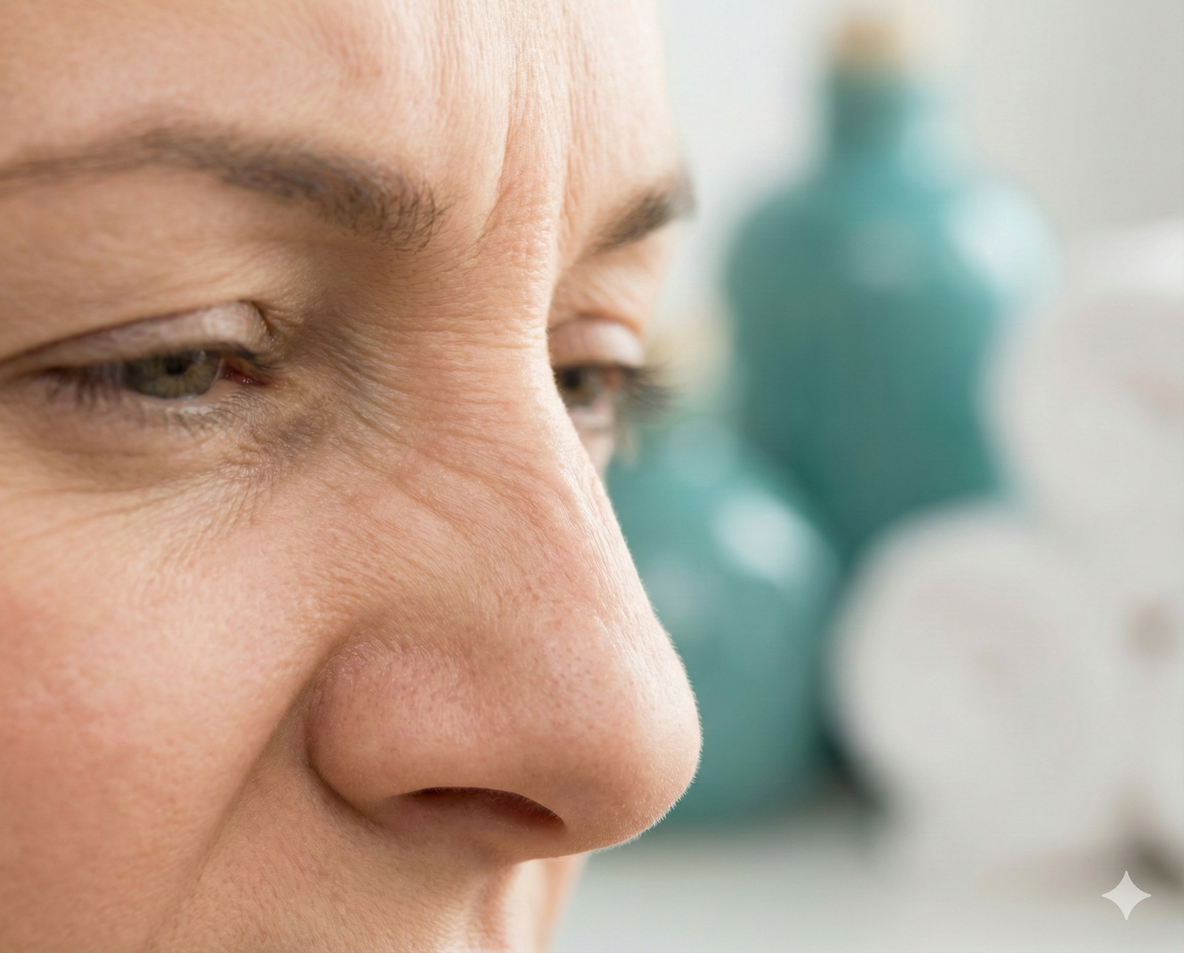 Close-up of woman's nose showing bunny lines on the nose bridge
