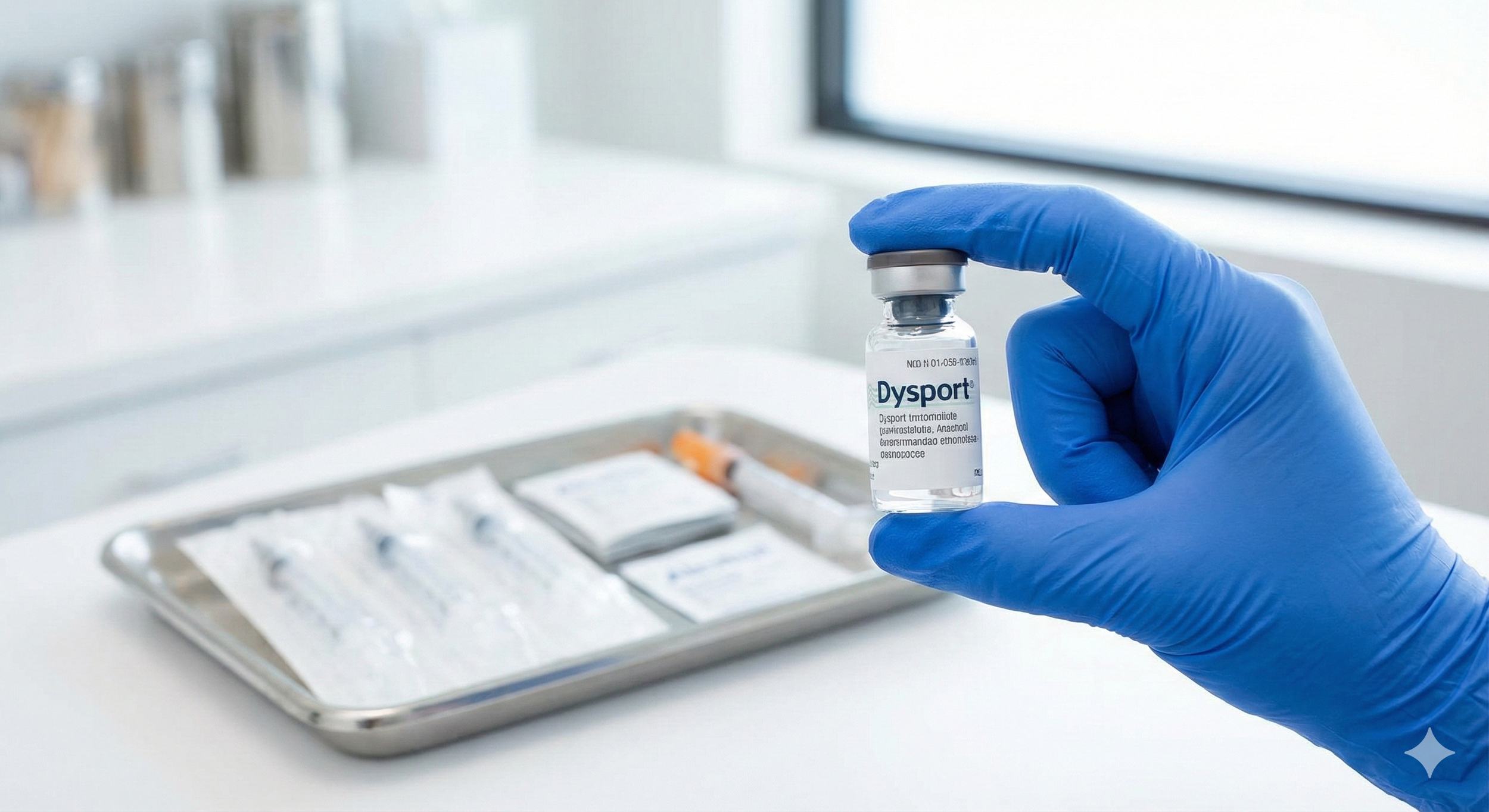 Medical professional holding Dysport neuromodulator vial in a clinical setting with injection supplies