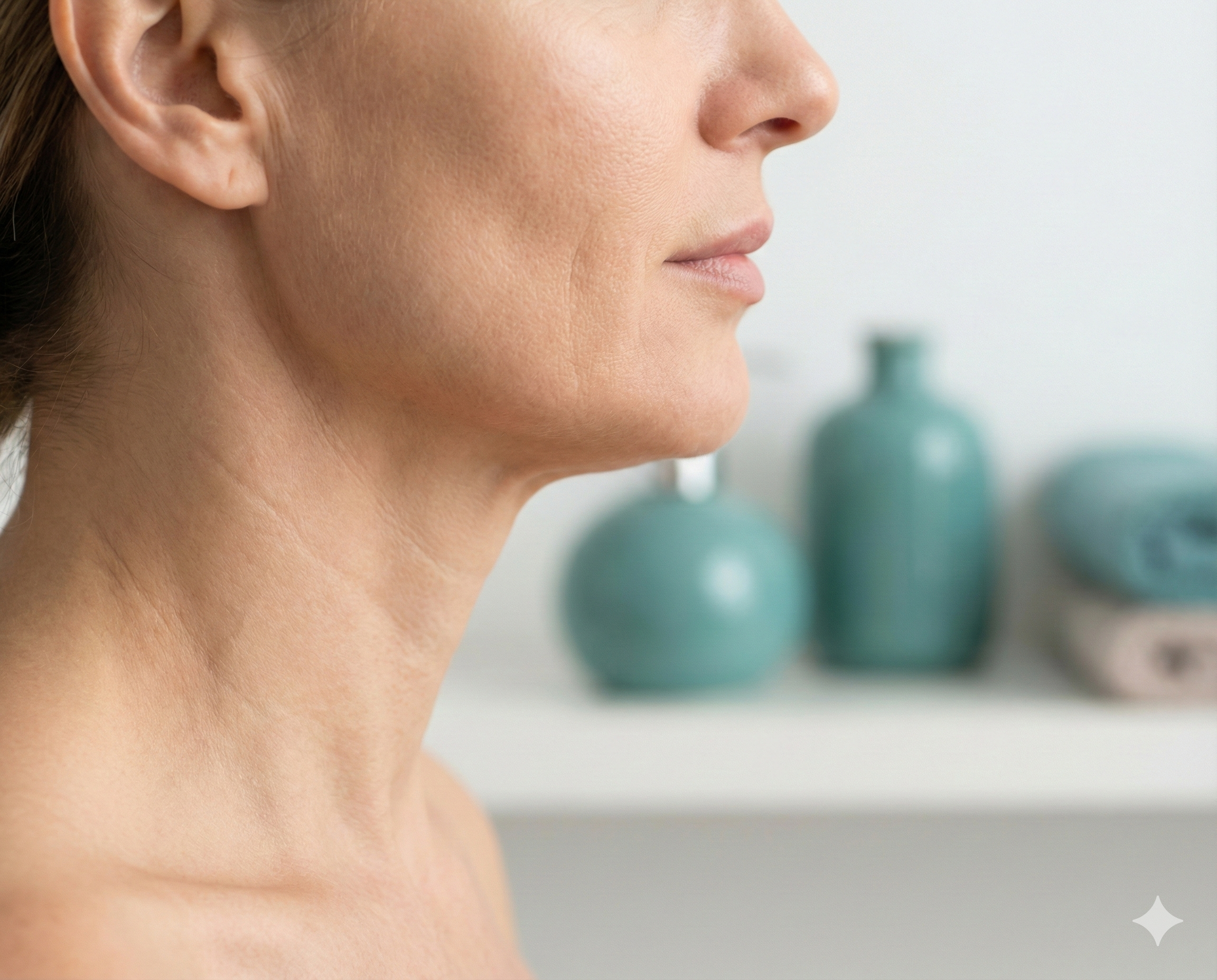 Close-up of woman's neck and jawline showing visible neck bands and masseter muscle