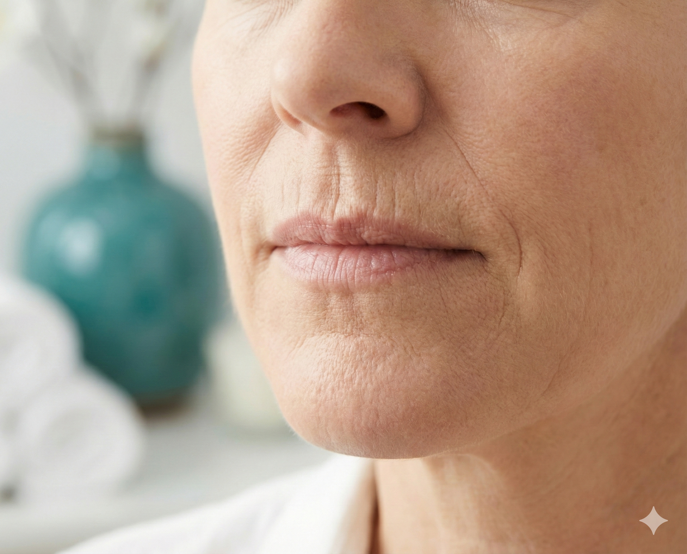 Close-up of woman's mouth showing vertical lip lines above upper lip