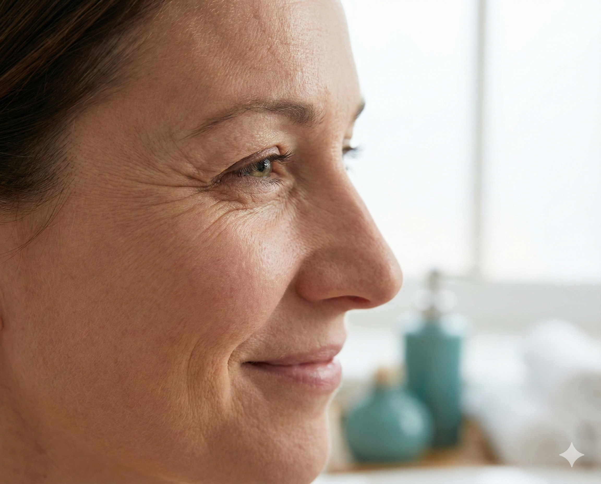 Close-up of woman's eye area showing crow's feet wrinkles at outer corner