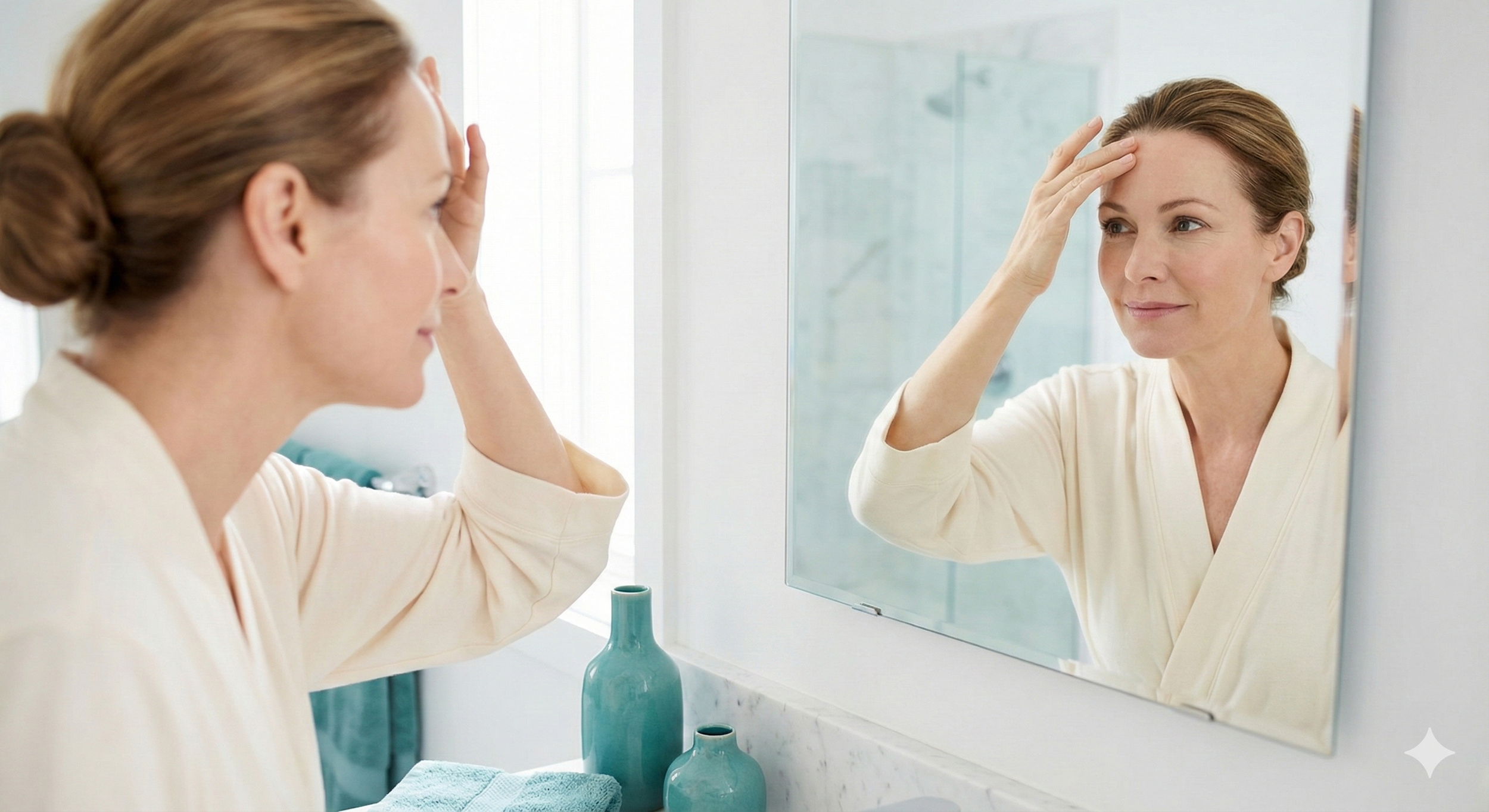 Woman in her 40s gently touching her forehead while looking in a mirror, checking her Botox results in a clean bathroom with teal decor accents