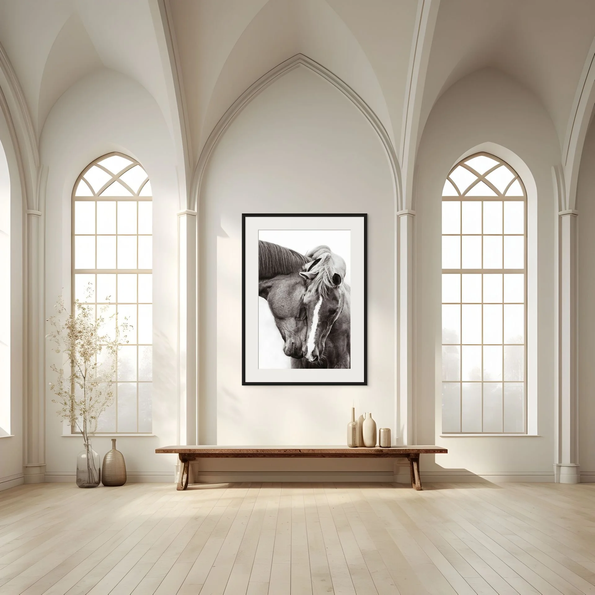 Minimalist room with large arched windows, a wooden bench, a large framed black and white horse photograph, and vases with dried flowers.
