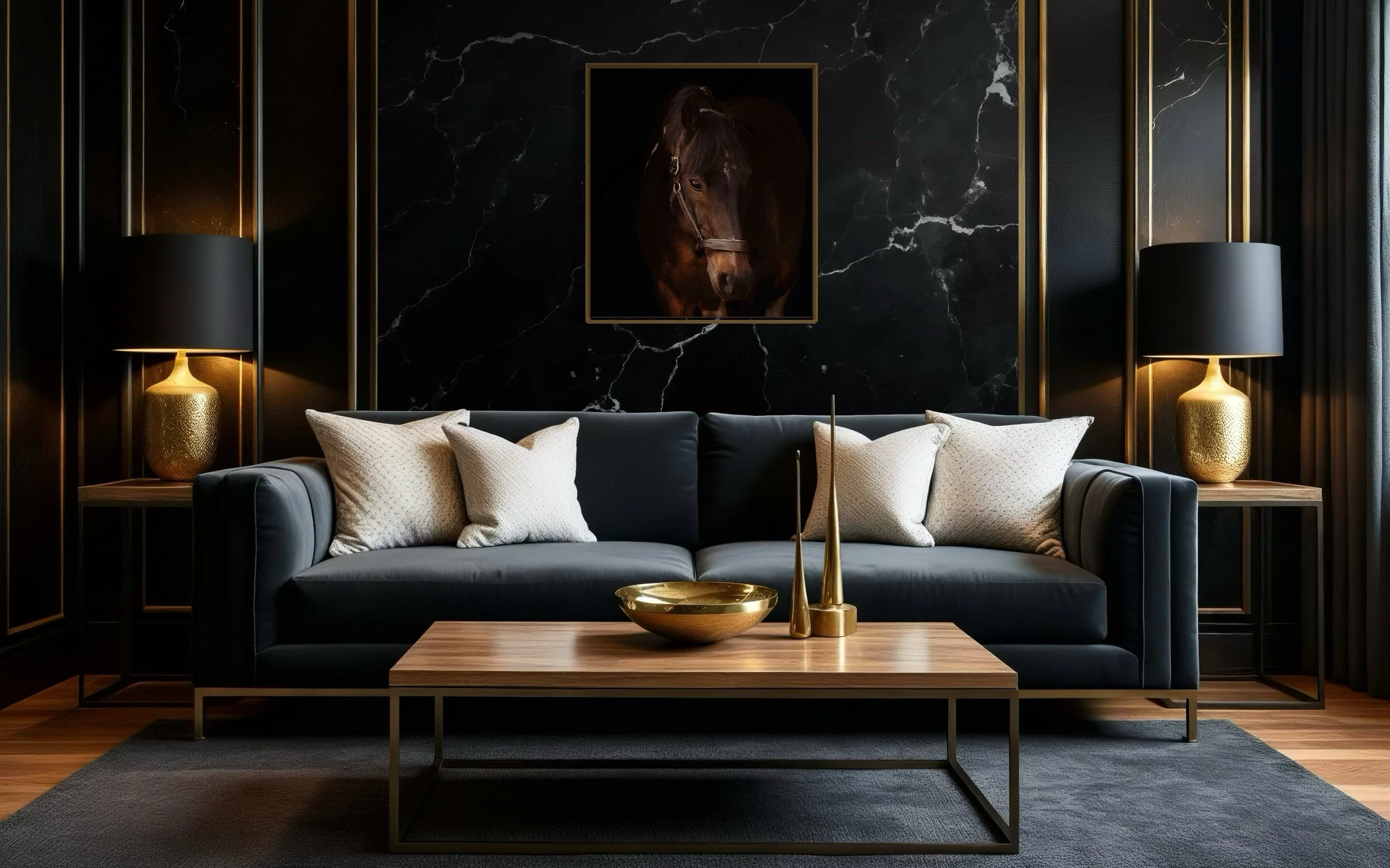 Elegant living room with dark modern decor, featuring a black sofa, white pillows, gold lamps, a wooden coffee table with golden accents, and horse artwork on a black textured wall.