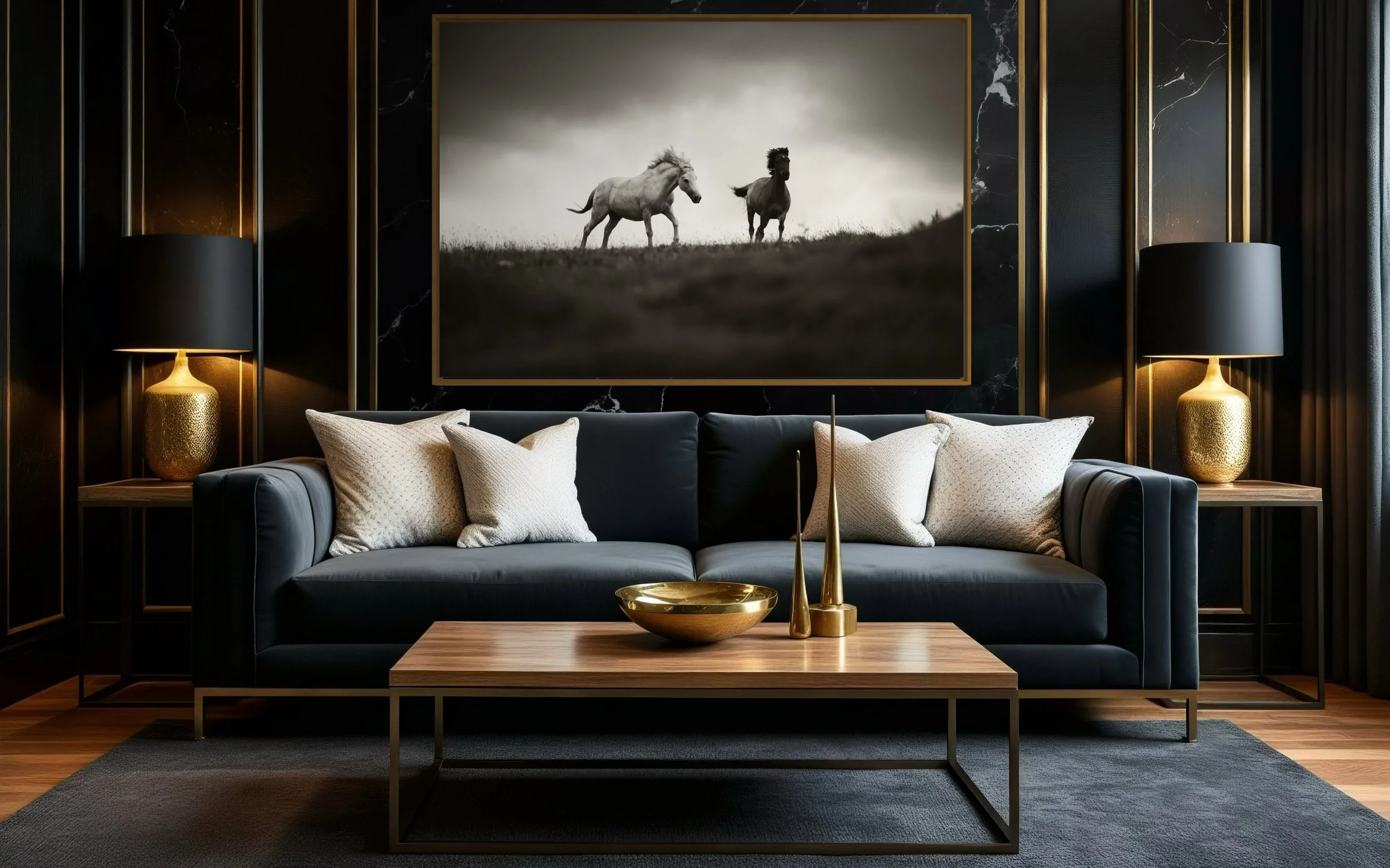 Modern living room with dark walls, a black sofa, white pillows, a wooden coffee table with golden decor, two matching lamps, and a framed photo of horses.