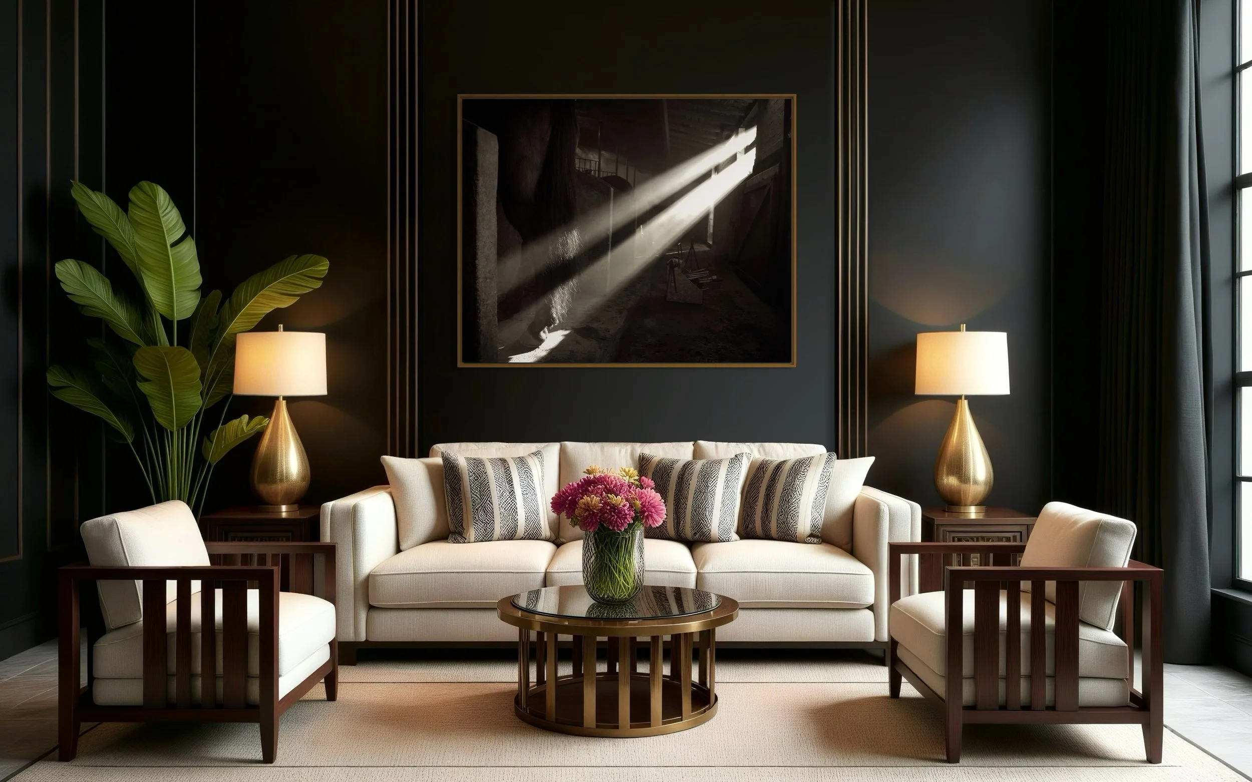 Modern living room with a beige sofa, matching armchairs, accent pillows, and a round coffee table. The room features two gold table lamps, a large black-and-white photograph on a dark wall, and a potted plant.