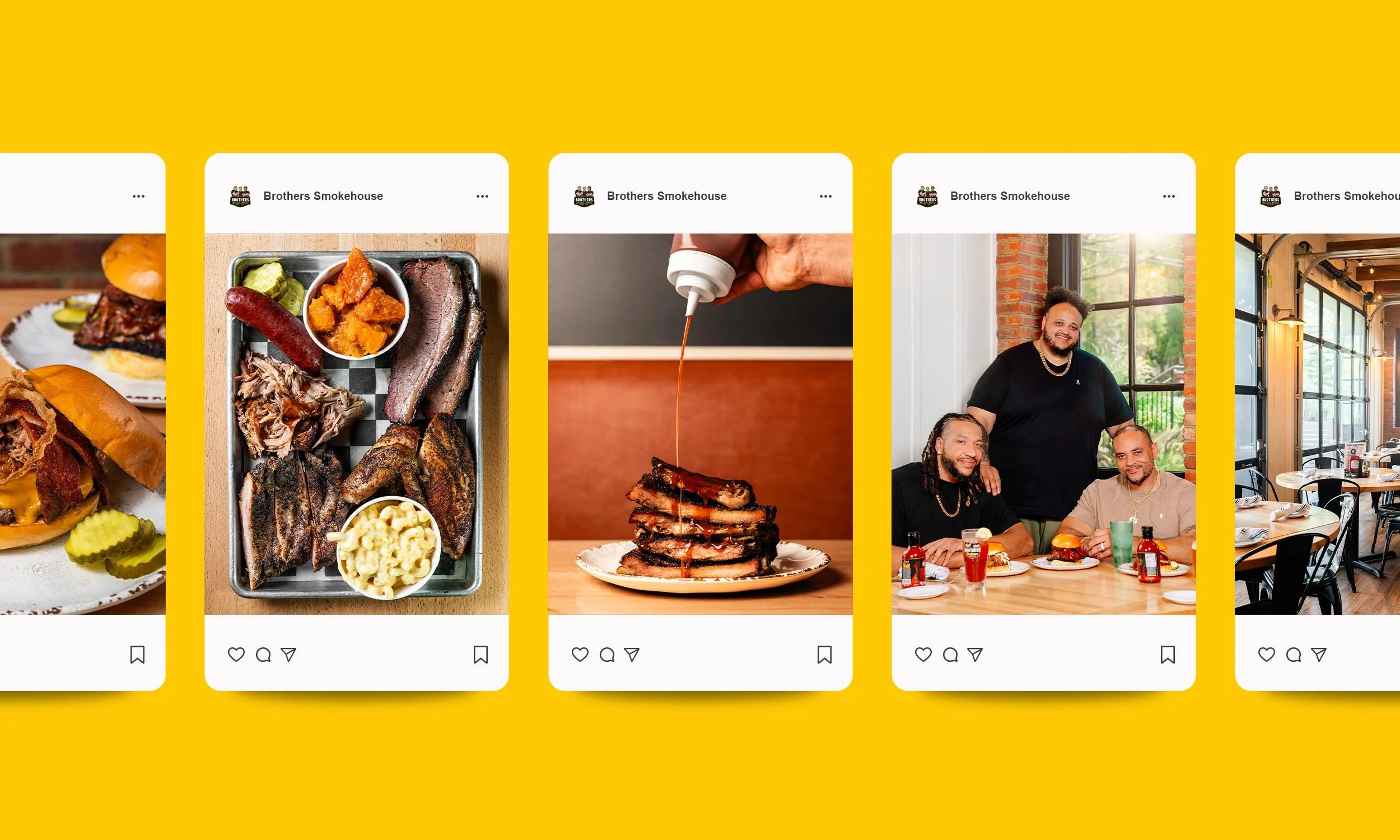 A series of five social media posts from Brothers Smokehouse, showcasing various foods, a plate of ribs, stacked ribs with sauce, a group of three smiling men with food and drinks, and a restaurant interior with tables and large windows.