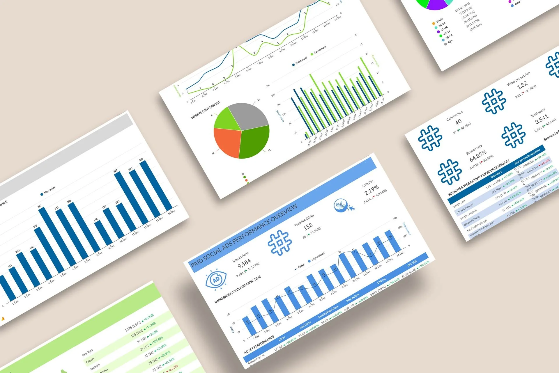 Various digital marketing and analytics reports with charts, graphs, and data summaries on a beige background.