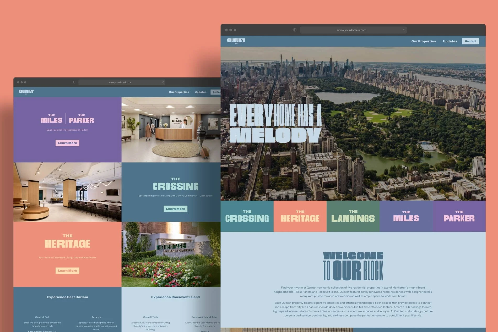 Two overlapping website mockups showcasing various urban community and real estate projects, with a city skyline and park in the background, and the slogan 'Every home has a melody' prominently displayed.