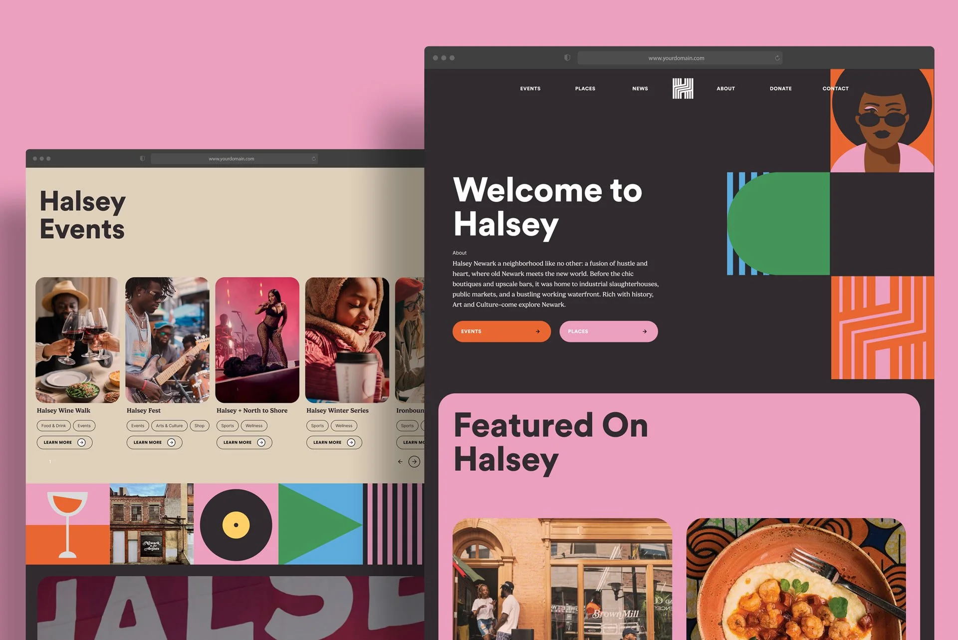 Screenshot of two overlapping website pages for Halsey, featuring event listings, welcome message, and colorful graphic design elements with vibrant and pastel color schemes.