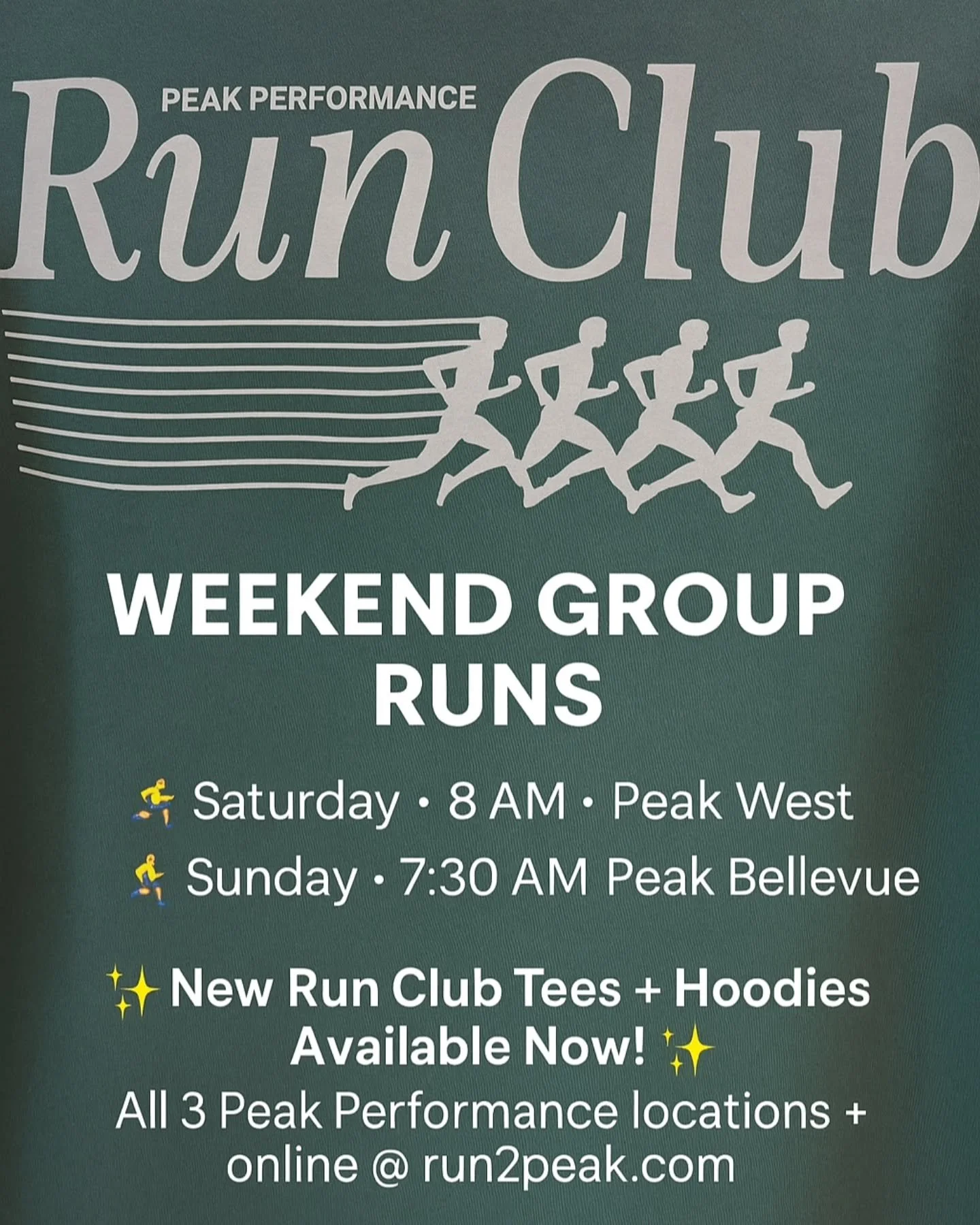 Your weekend miles + your new favorite gear 💥

Join the Peak crew for community miles:
🏃&zwj;♂️ Saturday | 8 AM | Peak West (156th &amp; Maple)
🏃&zwj;♀️ Sunday | 7:30 AM | Peak Bellevue (36th &amp; Samson)

Then snag our brand-new Run Club T-shirt