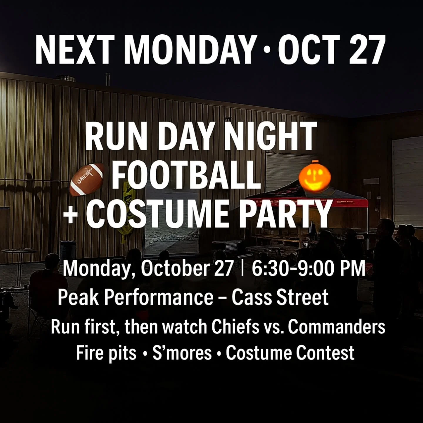 🏈 Run Day Night Football + Costume Party &mdash; NEXT WEEK! 🎃

Monday, October 27 | 6:30&ndash;9:00 PM | Peak Performance &ndash; Cass Street (78th &amp; Cass)

Next Monday night, we&rsquo;re mixing miles, football, and fall fun for a Run Day Night