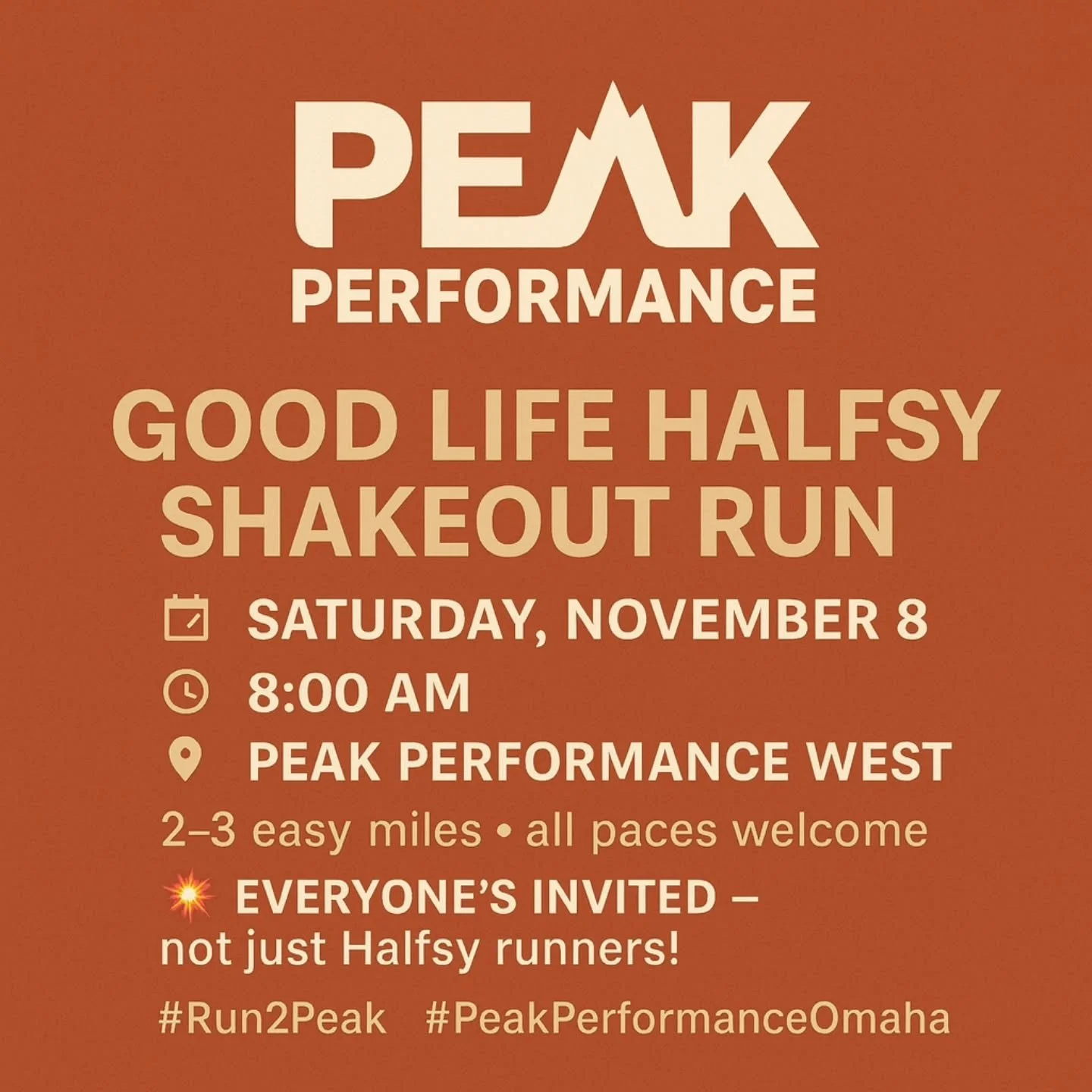 Good Life Halfsy Shakeout Run &mdash; Saturday, Nov 8 @ 8:00 AM
Let&rsquo;s get those legs moving before race weekend! 🏃&zwj;♀️🏃&zwj;♂️

Join us at Peak Performance WEST (156th &amp; Maple) for a relaxed 2&ndash;3 mile shakeout run. Whether you&rsq