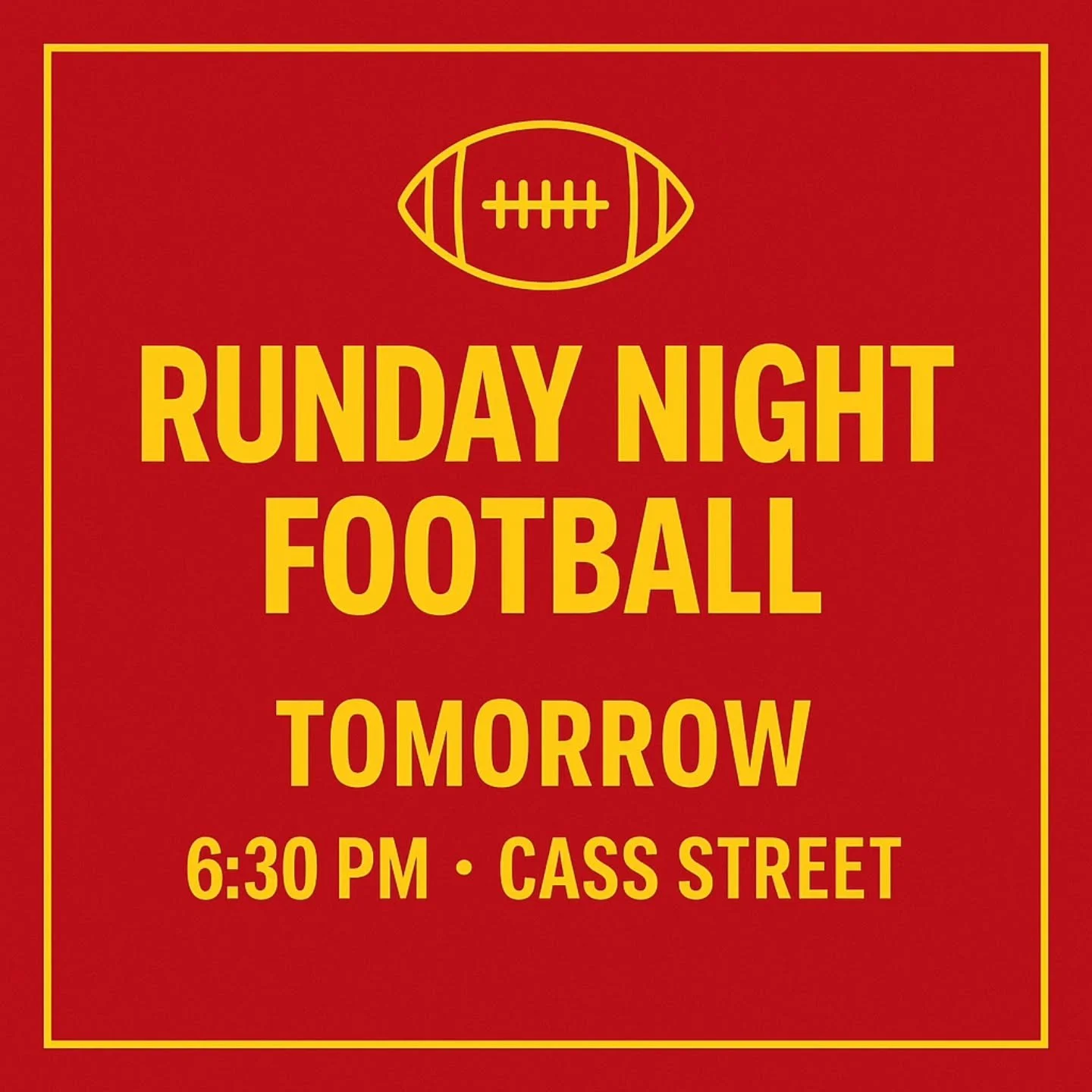 🏈 RunDay Night Football &mdash; Tomorrow at Cass Street!
Lace up for a few miles, then stick around to watch Chiefs vs. Commanders with the Peak crew.
🕡 Run at 6:30 PM (or earlier if you need extra miles)
📍 Peak Performance &mdash; Cass Street
🎬 