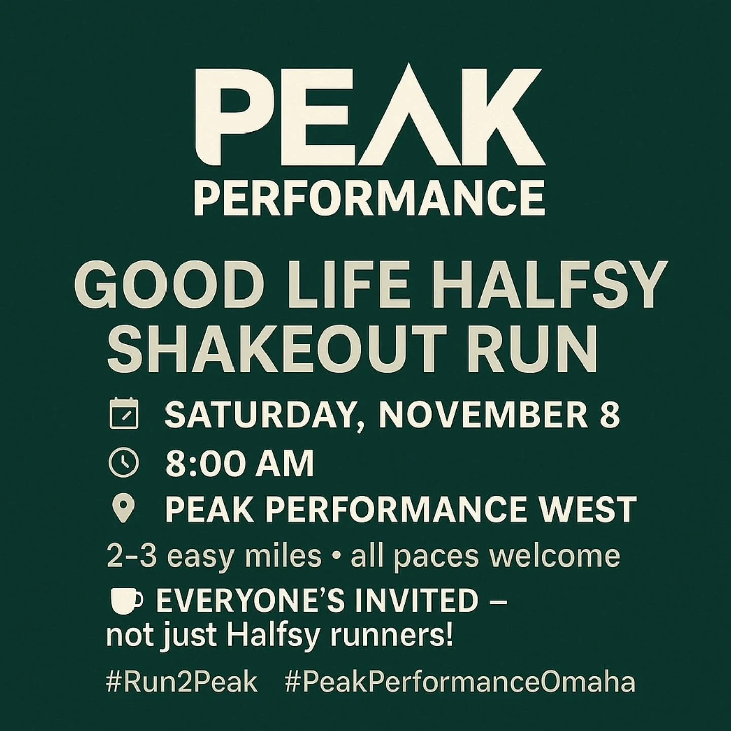 Shake it out with us before race day! 🏃&zwj;♀️🏃&zwj;♂️
Join us for the Good Life Halfsy Shakeout Run &mdash; a relaxed 2&ndash;3 miles from Peak Performance WEST on Saturday, November 8 at 8:00 AM.

💚 All paces welcome
☕ Coffee &amp; community aft