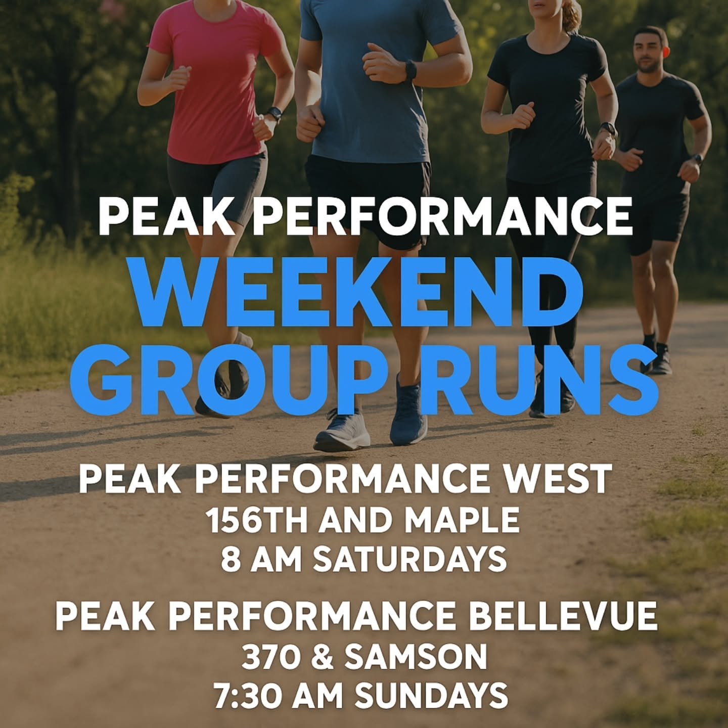 Start your weekend strong with your Peak Performance community! 💙👟

Whether you're chasing miles, building consistency, or just want great company, our group runs are for everyone&mdash;all paces, all experience levels, all welcome.

✨ Saturday &md
