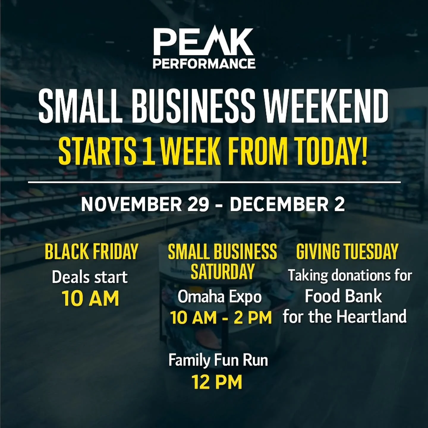 🎉 One week from today&hellip; Small Business Weekend begins at Peak Performance!

Black Friday kicks off five full days of community, savings, and giving back &mdash; all right here at your favorite local running store. 🖤

✨ Black Friday through Gi