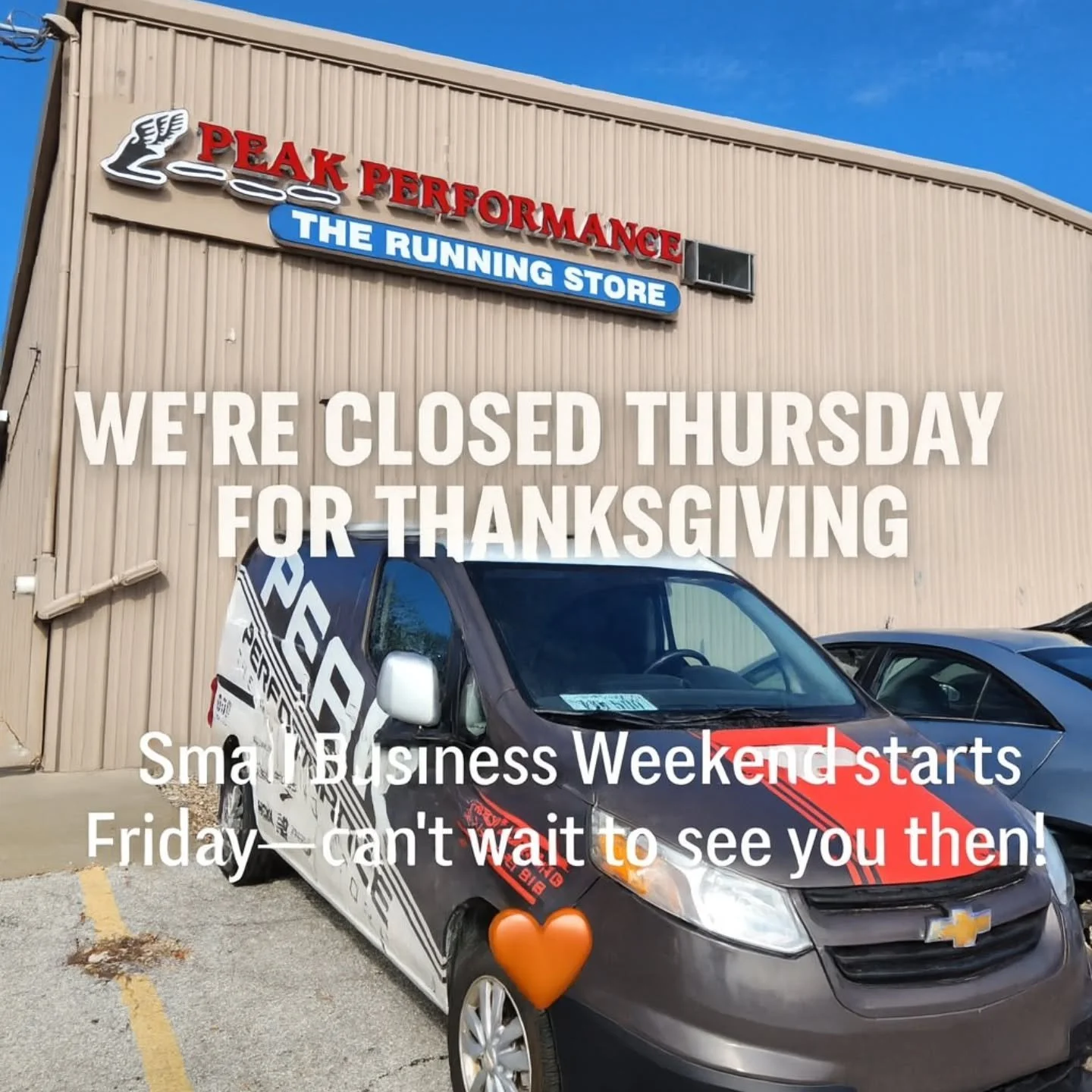 We&rsquo;ll be closed tomorrow so our staff can enjoy Thanksgiving with their families. 🧡

But don&rsquo;t worry &mdash; Small Business Weekend kicks off Friday!
Stop by any of our three locations for great deals, community vibes, and all things run