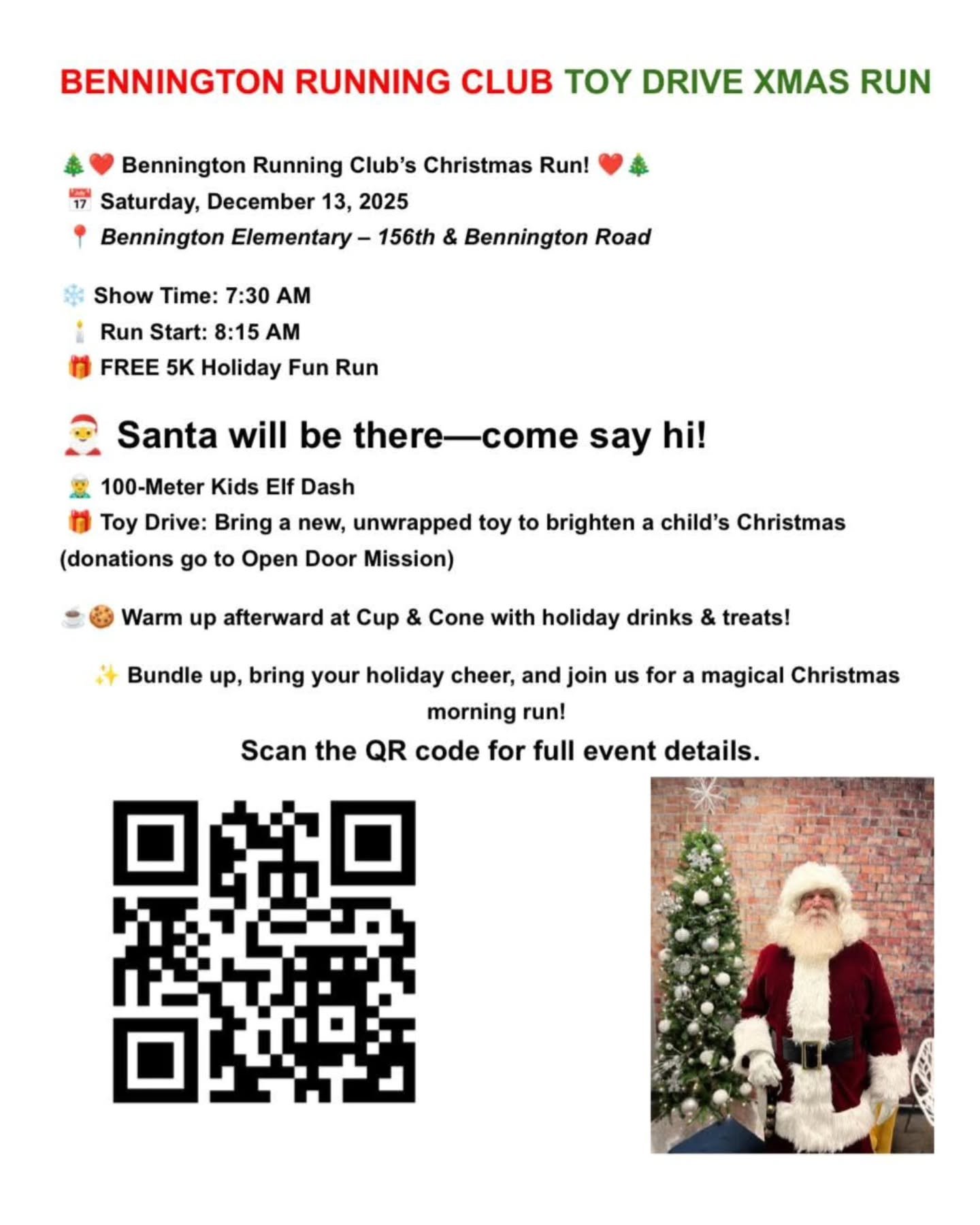 🎄 BENNINGTON RUNNING CLUB &mdash; CHRISTMAS RUN! 🎅✨
Saturday, December 13 &bull; Free Event &bull; Toy Drive

Join us and our Bennington Running Club friends for a festive, family-friendly run to kick off the holiday season and support Open Door Mi