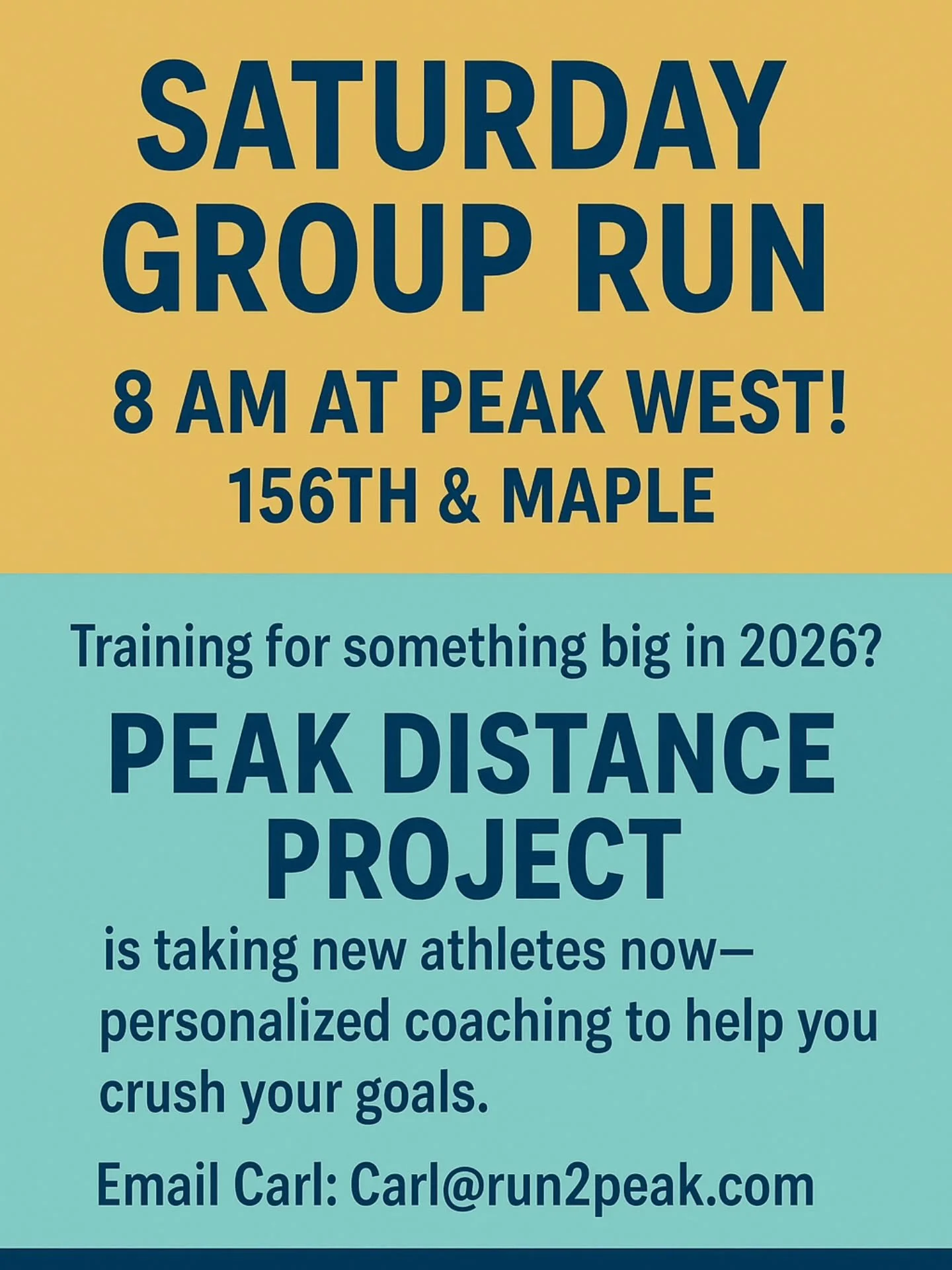 Saturday miles just hit different. ☀️🏃&zwj;♀️🏃&zwj;♂️
Join us this Saturday at 8 AM at Peak Performance West (156th &amp; Maple) for our weekly group run! All paces welcome, all vibes encouraged. 💛

While you&rsquo;re here&hellip;
If 2026 race goa