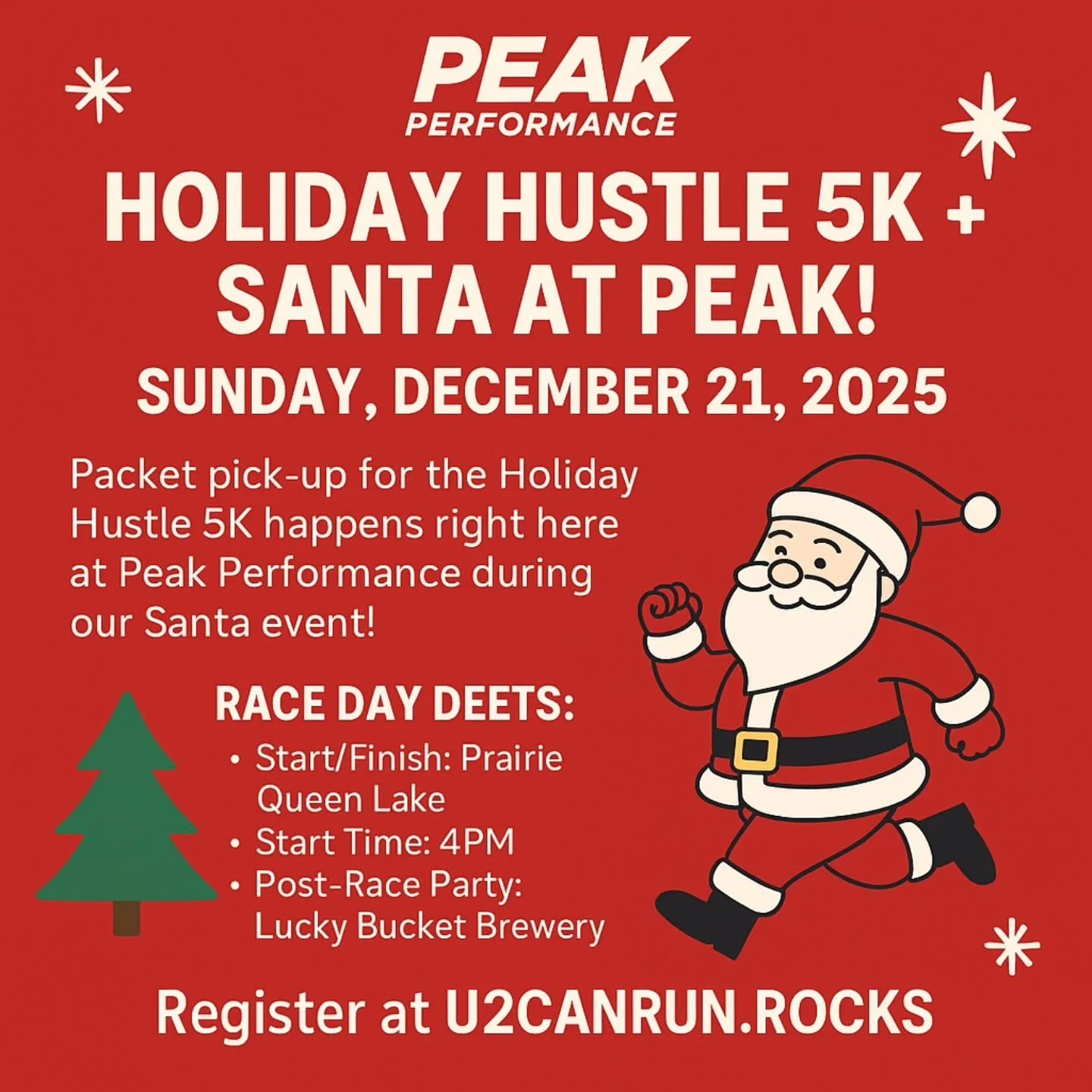🎄✨ Holiday Hustle 5K + Santa at Peak! ✨🎄

We&rsquo;re doubling the holiday fun! 🎅🎁
Packet pick-up for the Holiday Hustle 5K happens right here at Peak Performance 78th &amp; Cass during our Santa event on Saturday, December 20th&mdash;so you can 