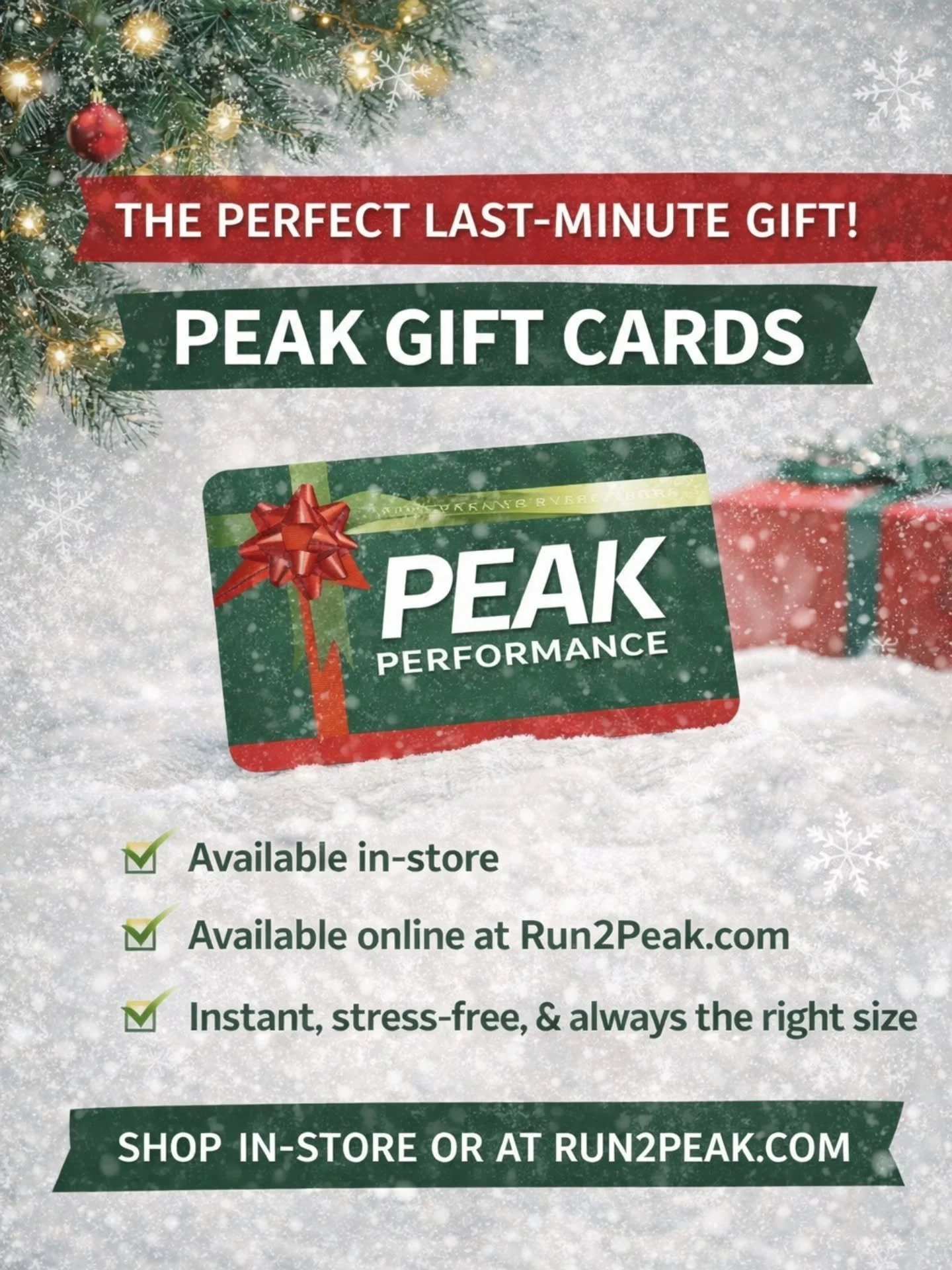 Still need a gift for the runner in your life? 🎄🏃&zwj;♀️
We&rsquo;ve got the easiest last-minute solution&hellip;
🎁 Peak Performance Gift Cards

Good for shoes, apparel, gear, nutrition, accessories &mdash; anything they need to run happy this win