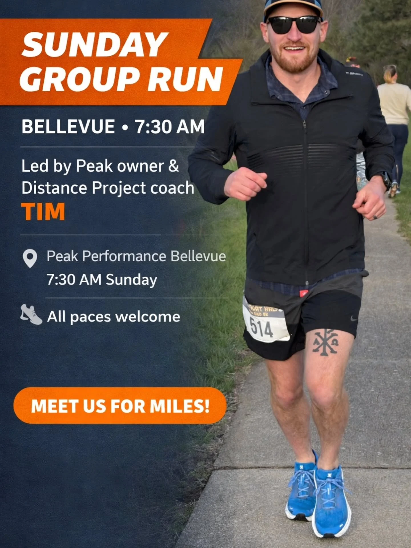 🏃&zwj;♂️ Sunday Group Run &ndash; Bellevue
Join us tomorrow morning for our 7:30 AM Sunday Group Run at Peak Performance Bellevue!

This week&rsquo;s run is led by Peak owner &amp; Distance Project coach, Tim&mdash;come get great miles, good energy,