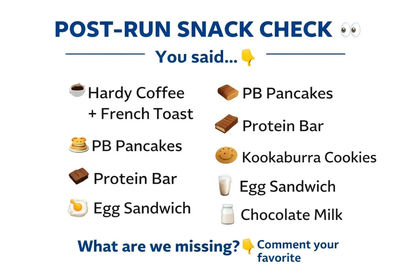 🏃&zwj;♀️🍽️ POST-RUN SNACK CHECK 👀

You said&hellip; 👇
☕ Hardy Coffee + French Toast
🥞 PB Pancakes
🍫 Protein Bars
🍪 Kookaburra Cookies
🍳 Egg Sandwiches
🥛 Chocolate Milk

Honestly&hellip; elite choices 😏

What are we missing?!
Drop your go-to