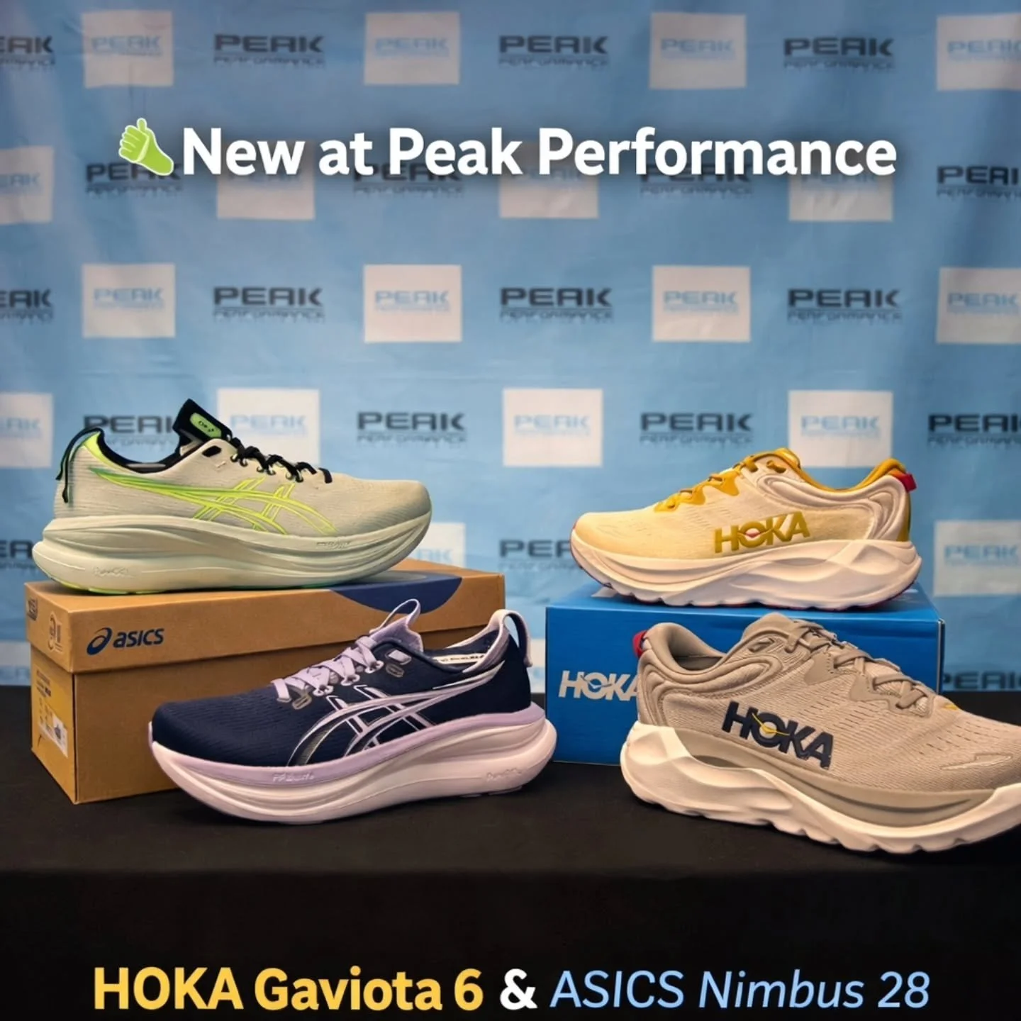 👟 JUST DROPPED at Peak Performance 👟
Two trusted favorites are back with fresh updates: HOKA Gaviota 6 and ASICS Nimbus 28&mdash;both lighter, smoother, and more refined for your everyday miles.

✨ HOKA Gaviota 6
A premium stability trainer with a 